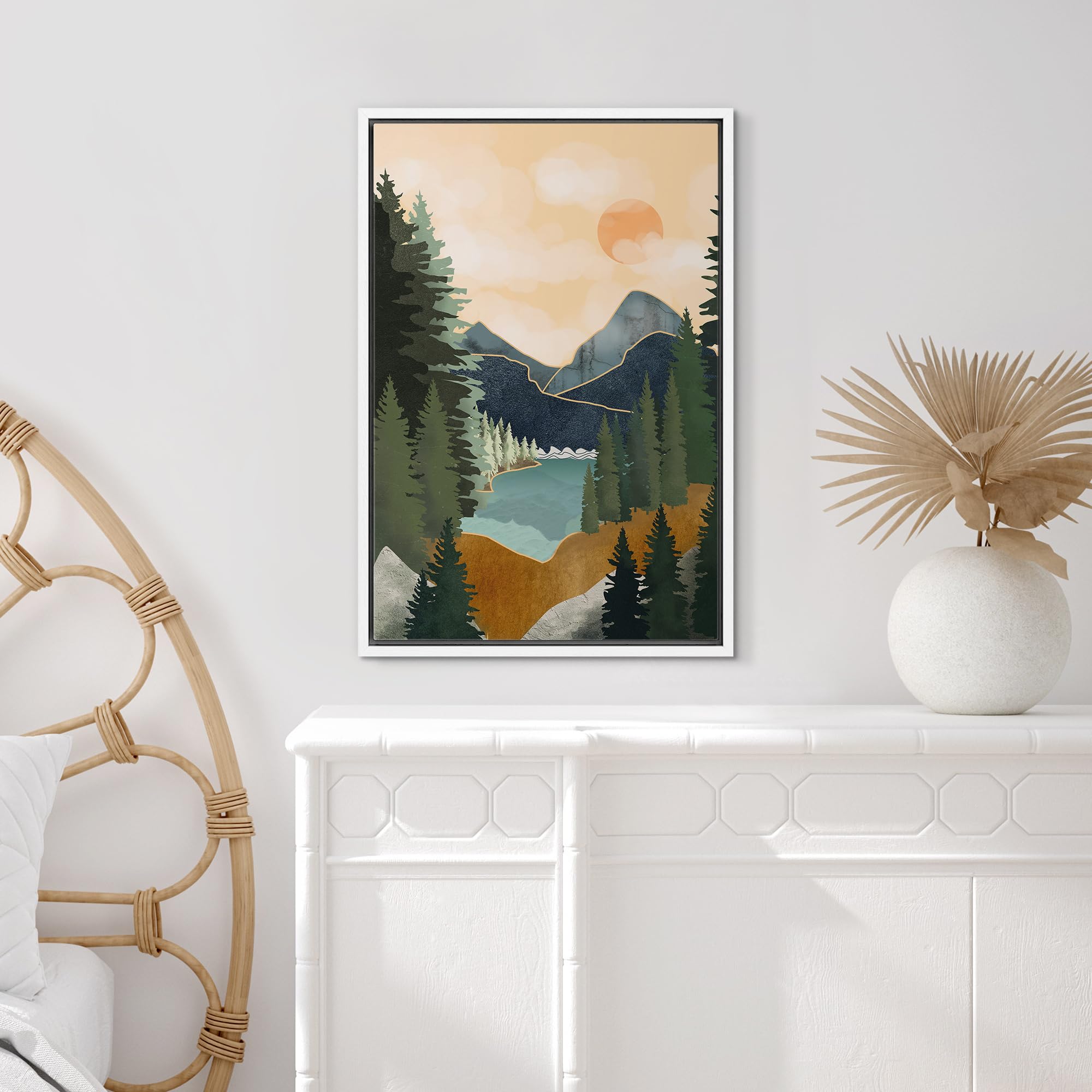 Signford Framed Canvas Print Wall Art Sun Mountain Pine Tree Lake Nature Wilderness Illustrations Modern Art Decorative Rustic R