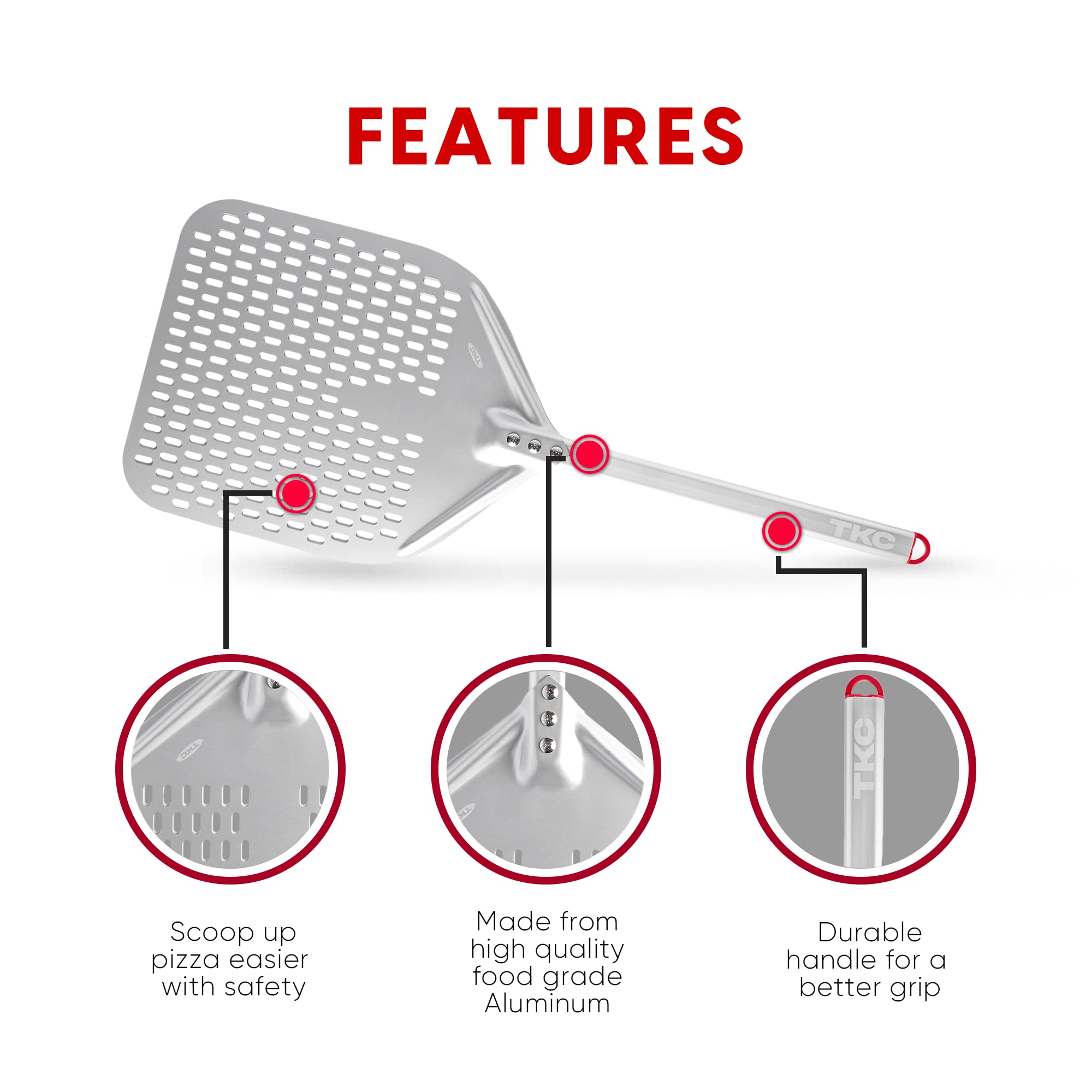 Tkc Perforated Pizza Peel 12 Inch Aluminum Pizza Paddle - Lightweight Pizza Turning Peel Spatula - Compatible With All Ooni Pizz