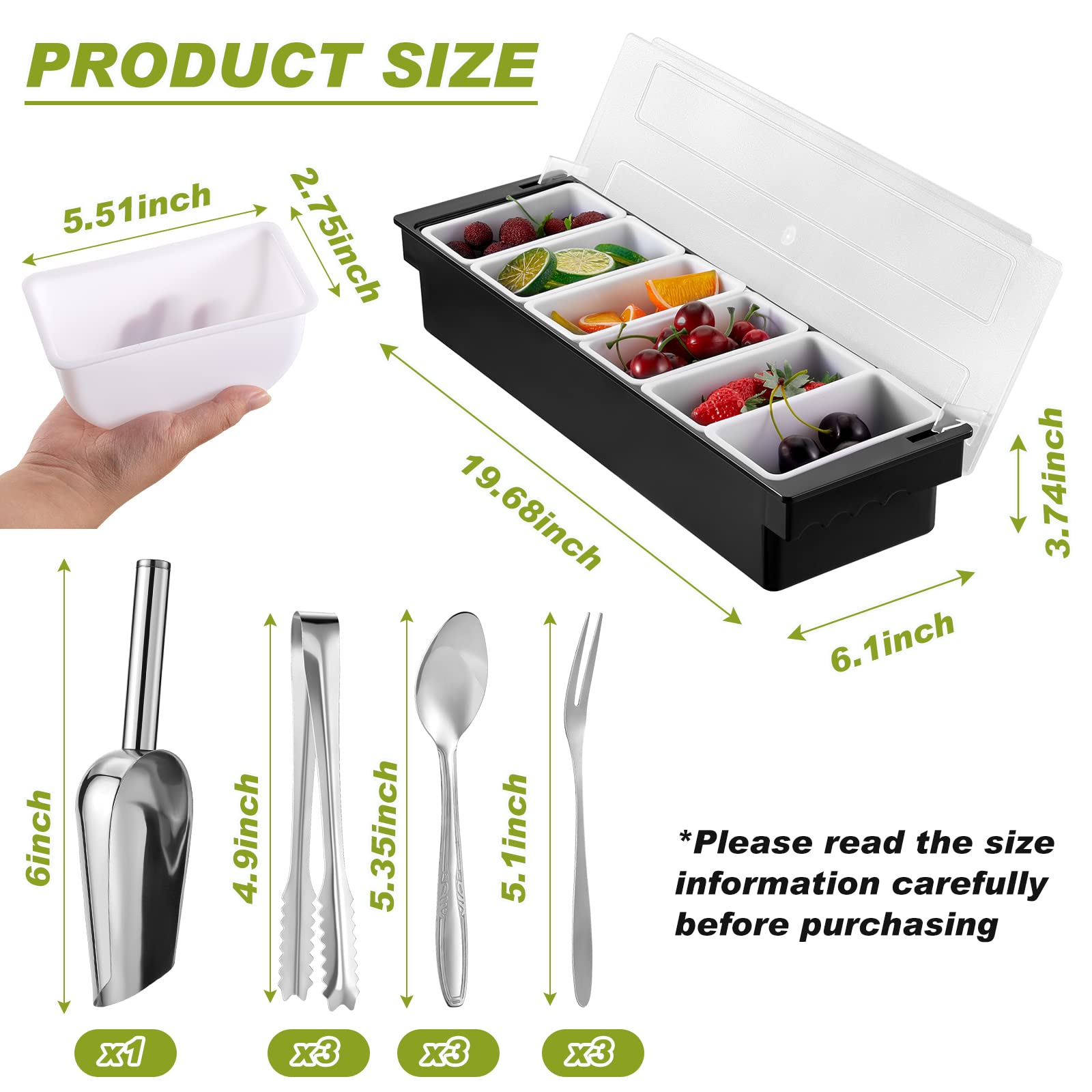 Tessco Garnish Tray With Lid Bar Caddy Ice Cooled Condiment Serving Container With Stainless Steel Ice Scoop 3 Metal Mini Servin
