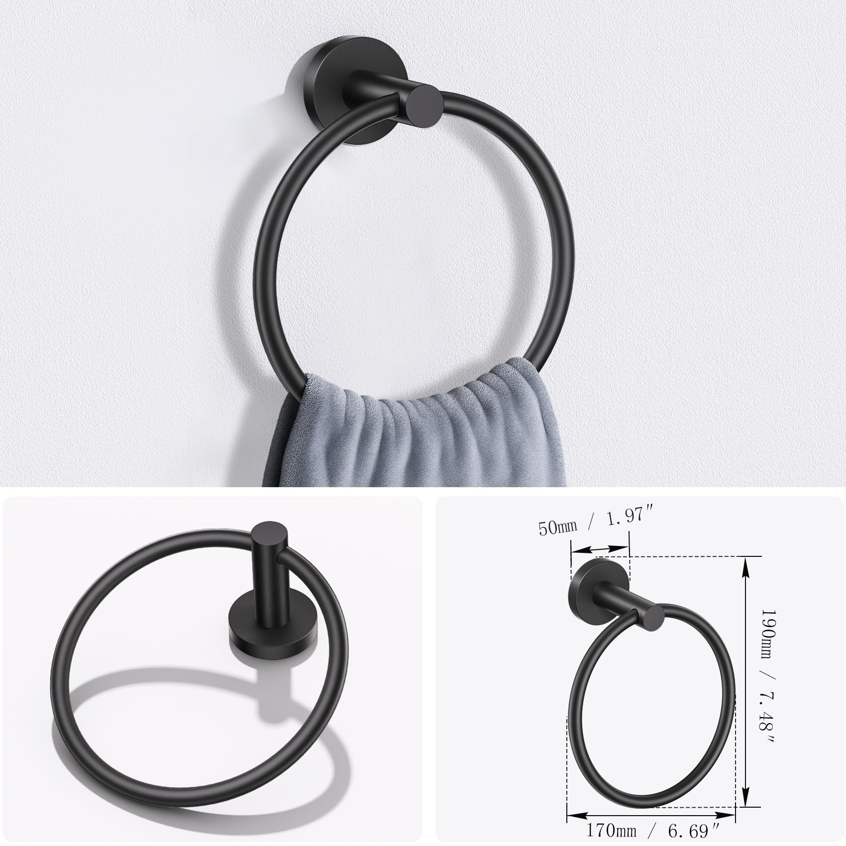 Lairuier Bathroom Hardware Set  4-Piece Towel Bar Set Include Toilet Paper Holder Towel Ring and 2 Towel Hooks Stainless Steel Wall Mounted Bathroom Hardware Accessories Set (Matte Black)