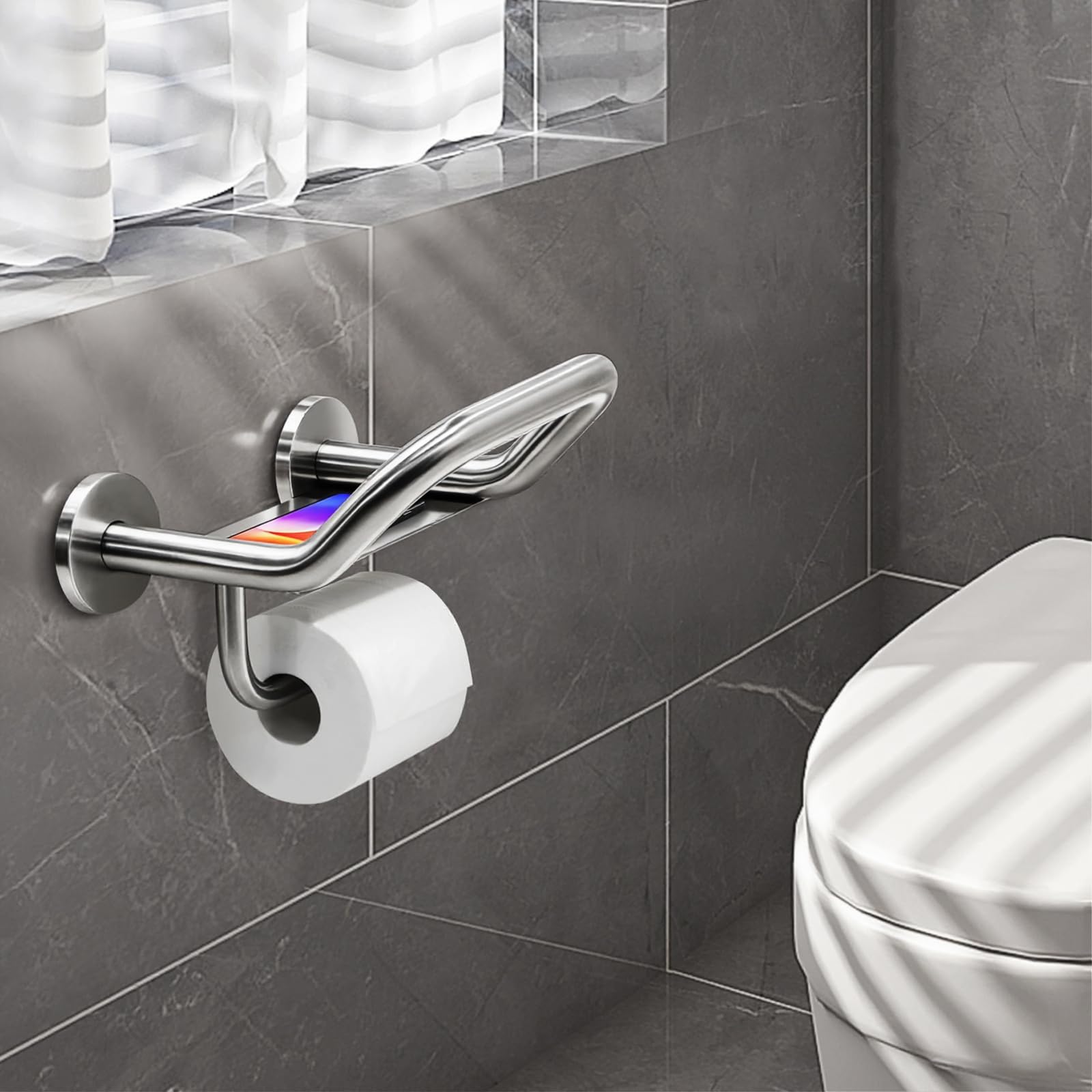 Upgrade Grab Bar Toilet Paper Holder, 3-In-1 Bathroom Grab Bar With Toilet Holder And Phone Shelf, 304 Stainless Steel Safety To