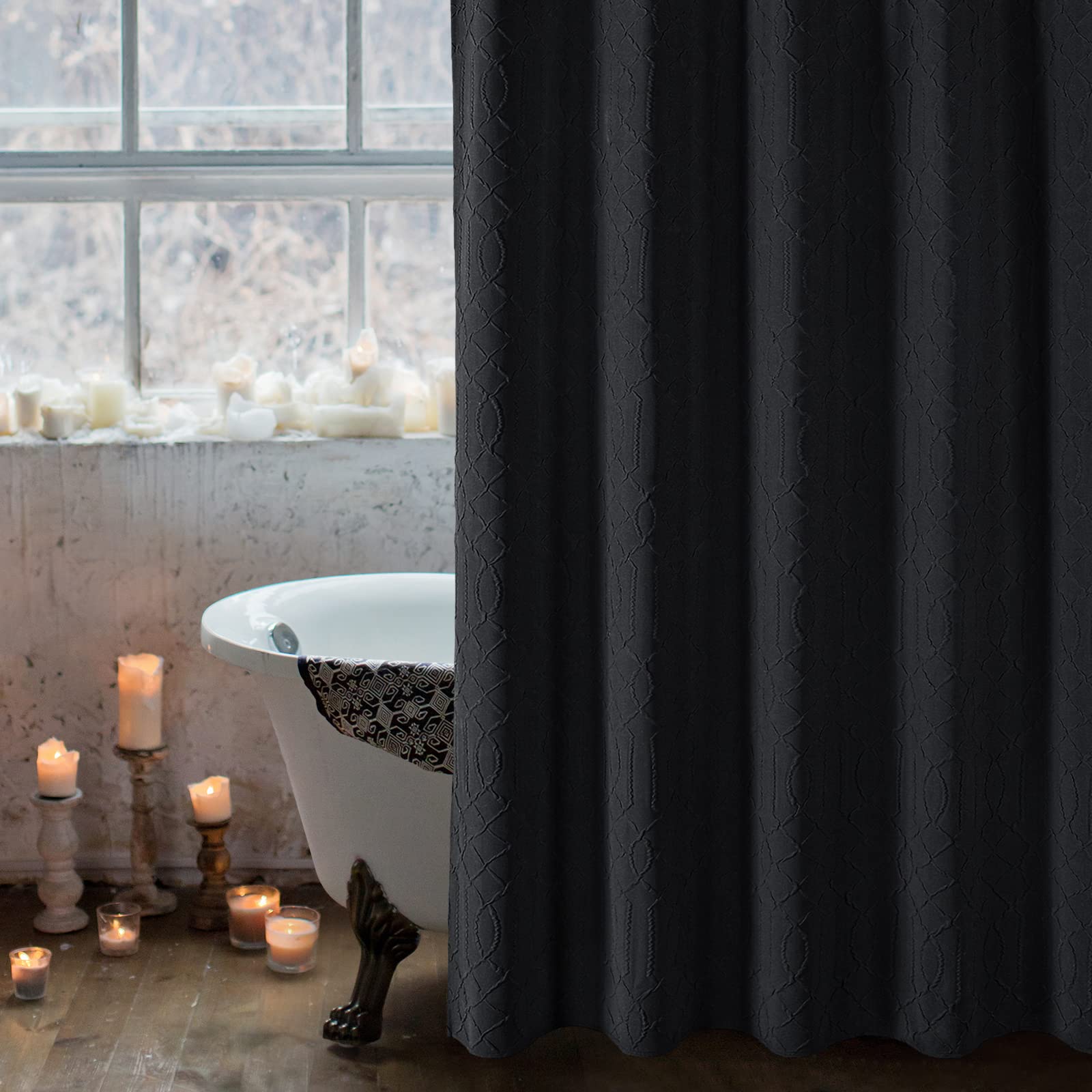 Gibelle Black Shower Curtain For Bathroom, 3D Embossed Geometric Textured Fabric Shower Curtain Set With Hooks, Modern Farmhouse