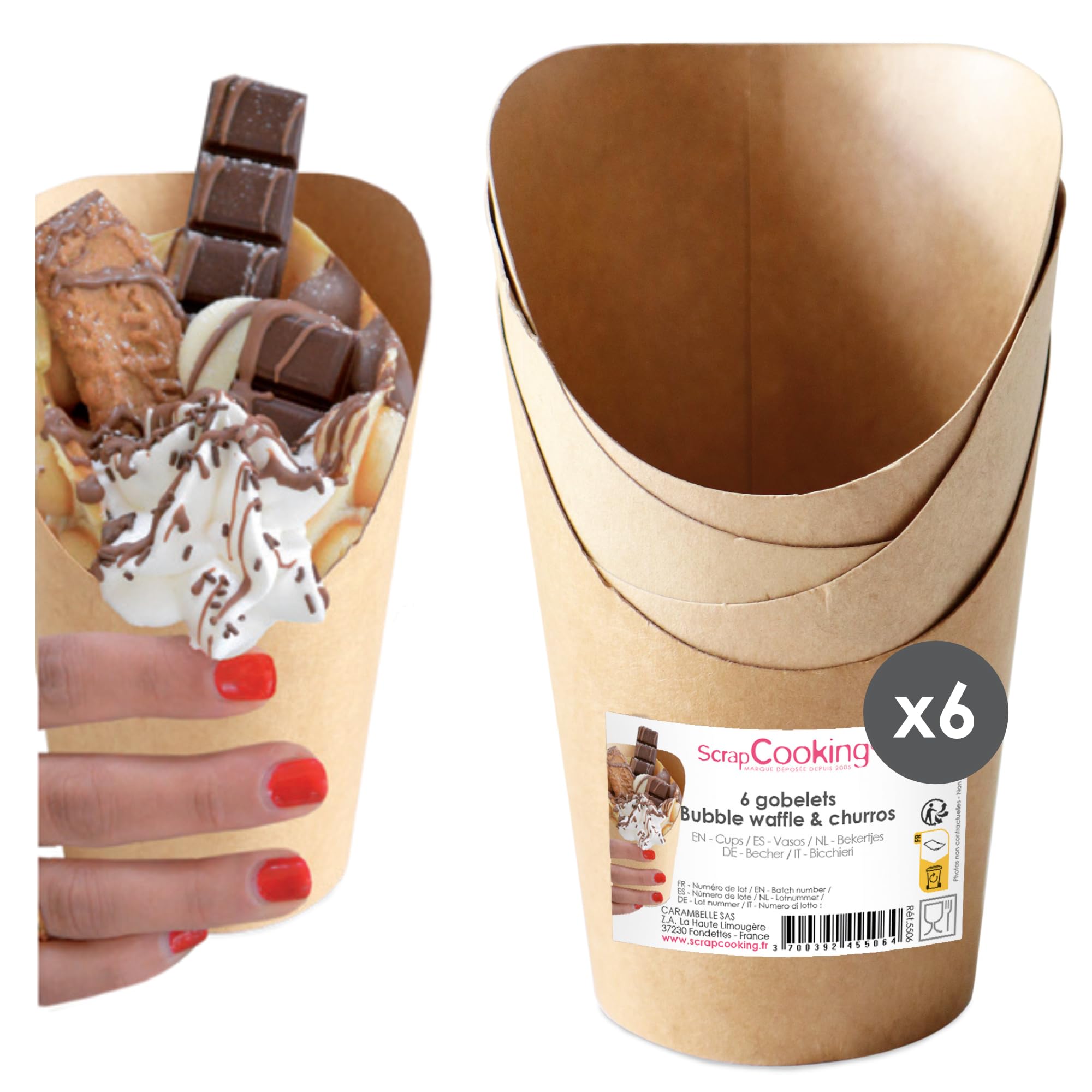 ScrapCooking - 6 Bags for Churros & Bubble Waffle Irons - Round Cups - Colour Kraft Paper - Bubble Waffle - Ideal for Snacks, Bi