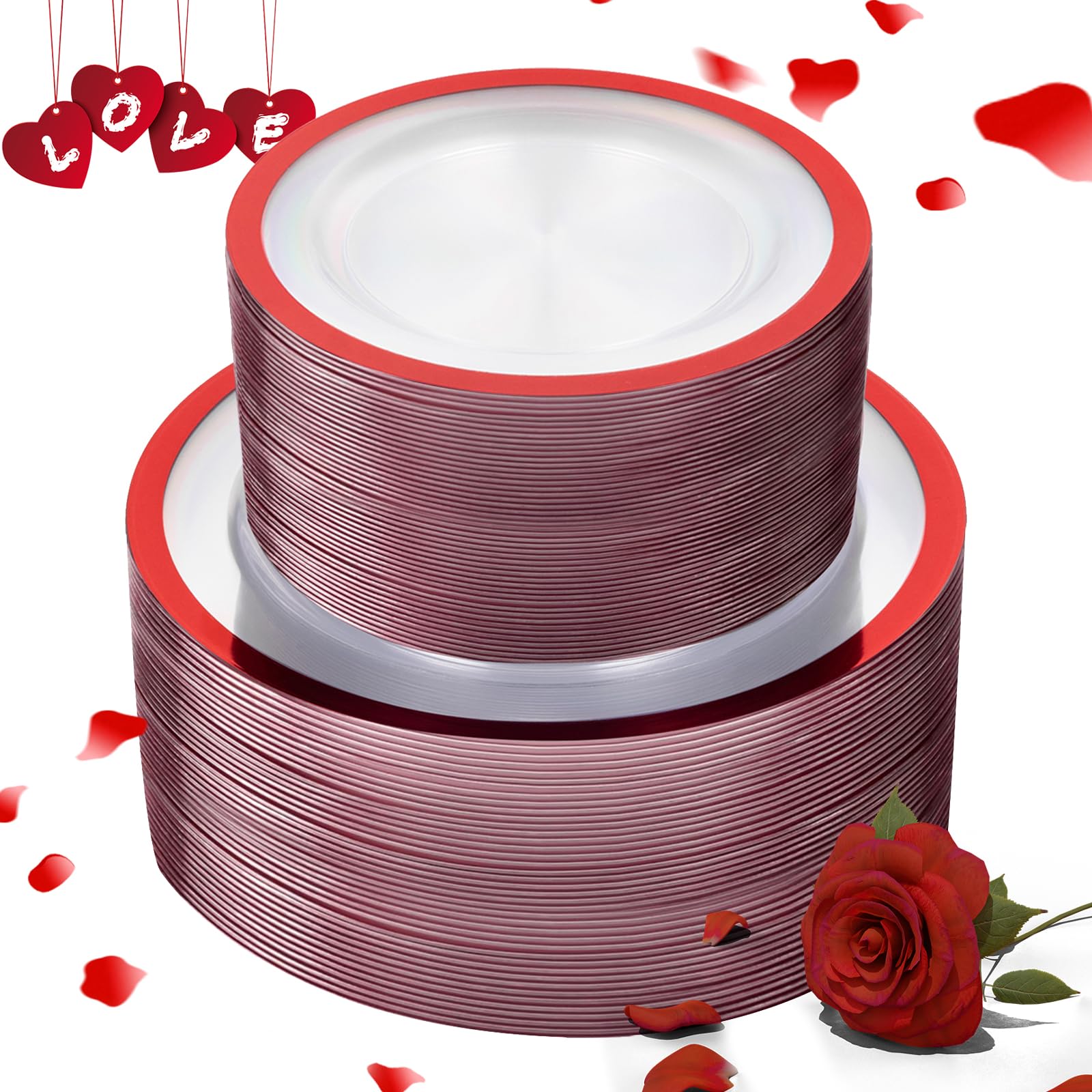 U-Qe 120Pcs Red Plastic Plates - Valentines Plates Disposable Heavy Duty - Clear Plastic Plates Set Include 60 10Inch Plastic Di