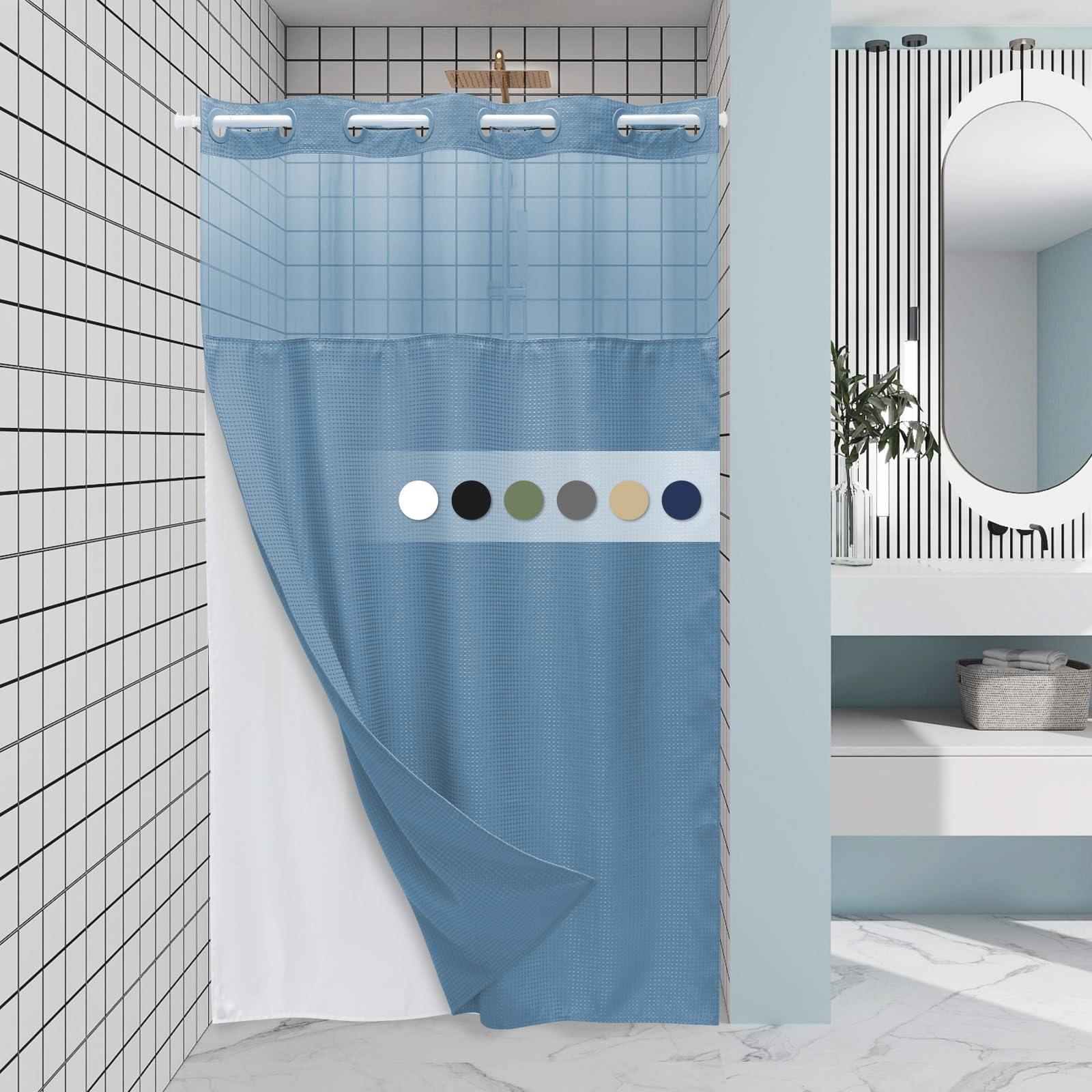 Eutxl Moonlight Blue Stall No Hook Shower Curtain With Snap In Liner,230Gsm Waffle Weave Shower Curtains For Bathroom,54W X 80H