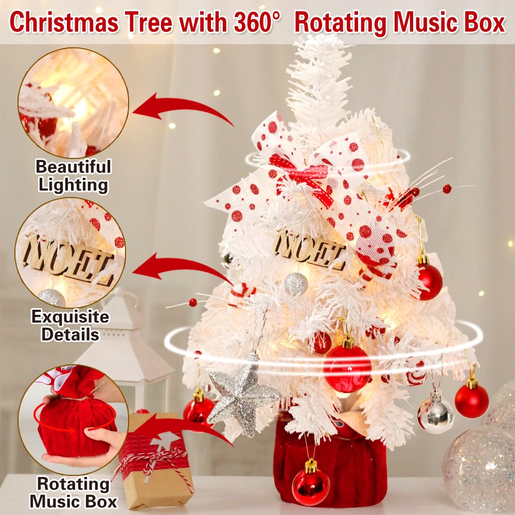 Mini White Christmas Tree, Tabletop Small Flocked Tree with Lights, Music & Ornaments - Indoor/Outdoor