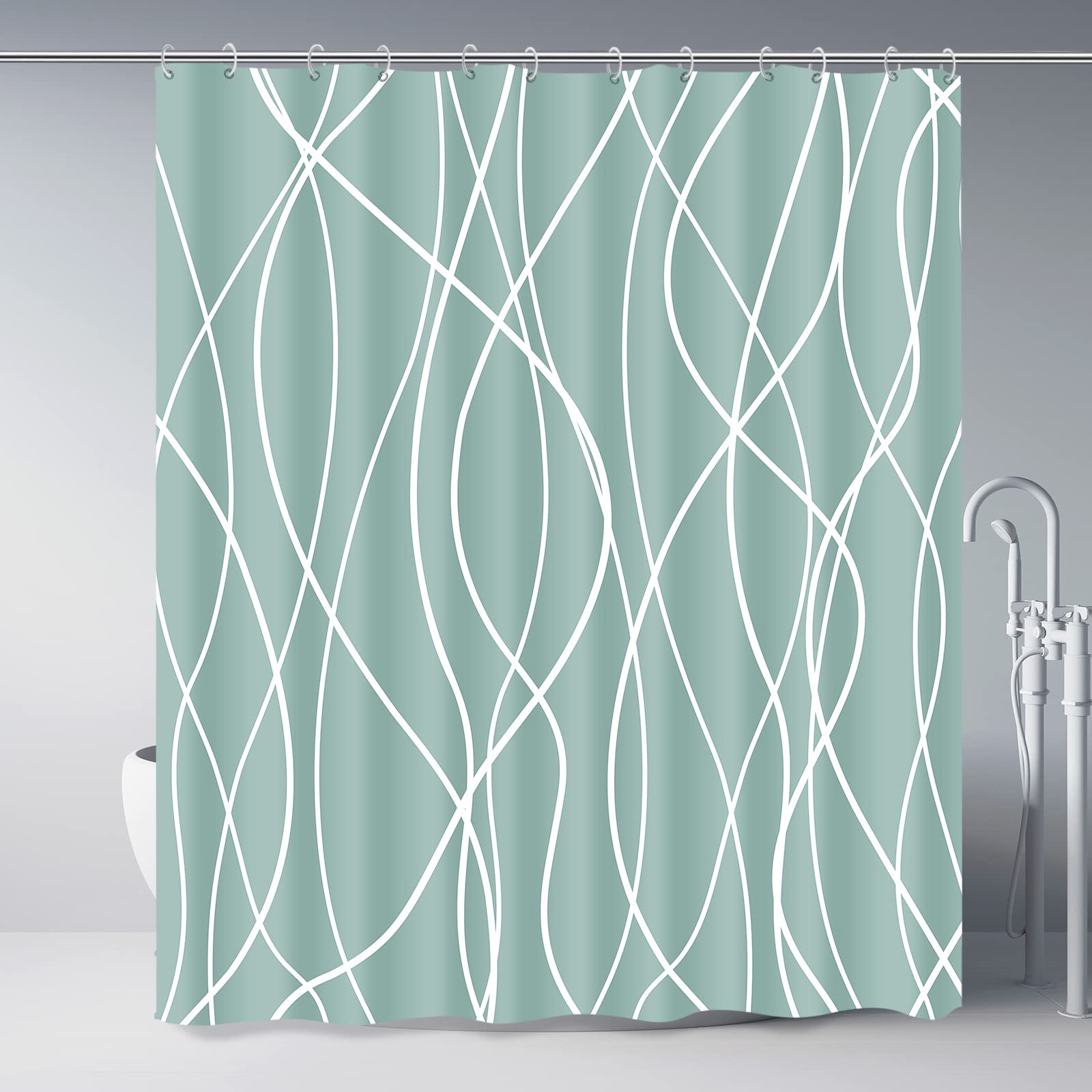Punkray Light Green Shower Curtain For Bathroom With Hooks Shower Curtain Set,White Stripe Bath Curtains Decorative Shower Curta