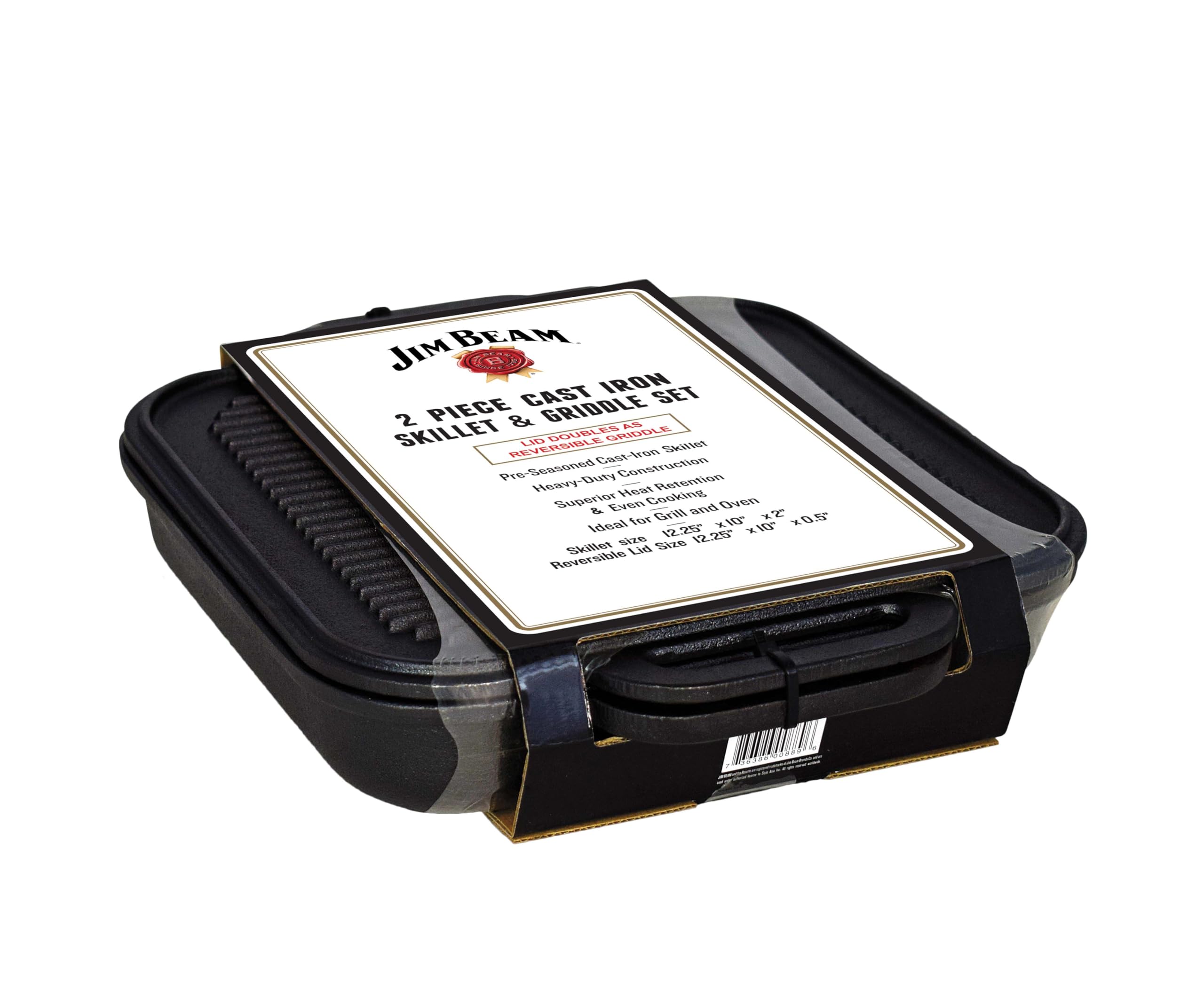 Jim Beam 3-In-1 Cast Iron Skillet With Double Sided Griddle, 3, Black