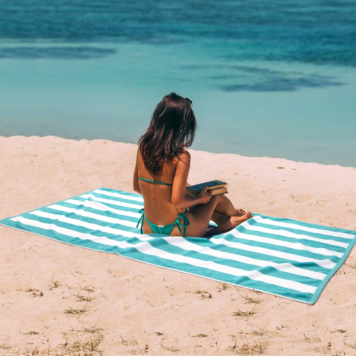 LULUHOME Plush Oversized Beach Towel - Fluffy Cotton Thick 36 x 70 Inch Turquoise Striped Pool Towels  Large Summer Cabana Swimming Towel for Adults