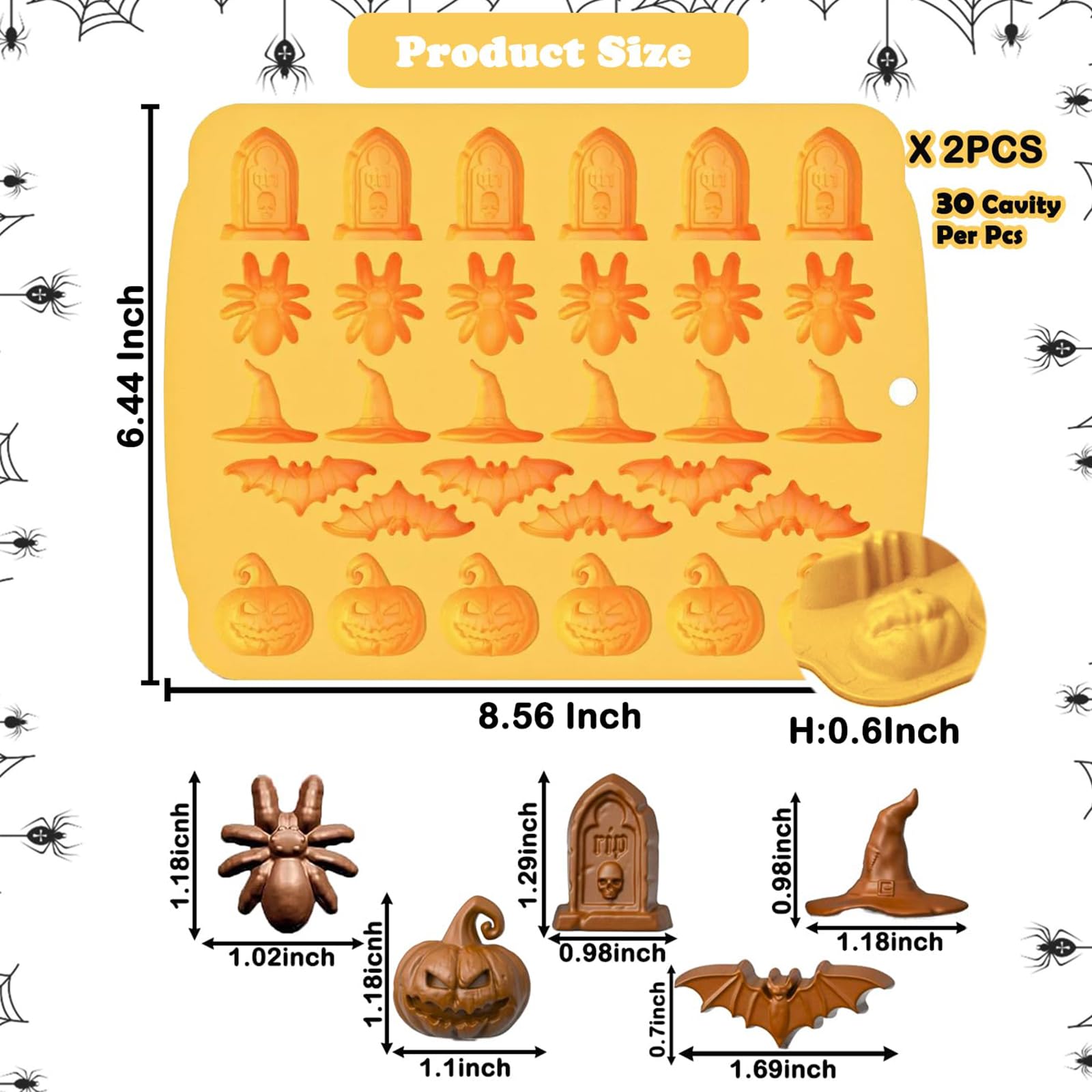 Rominvic Halloween Chocolate Mold Silicone,30 Cavity Candy Gummy Mold With Pumpkin Wizard Hat Bat Spider Tombstone For Baking Ch
