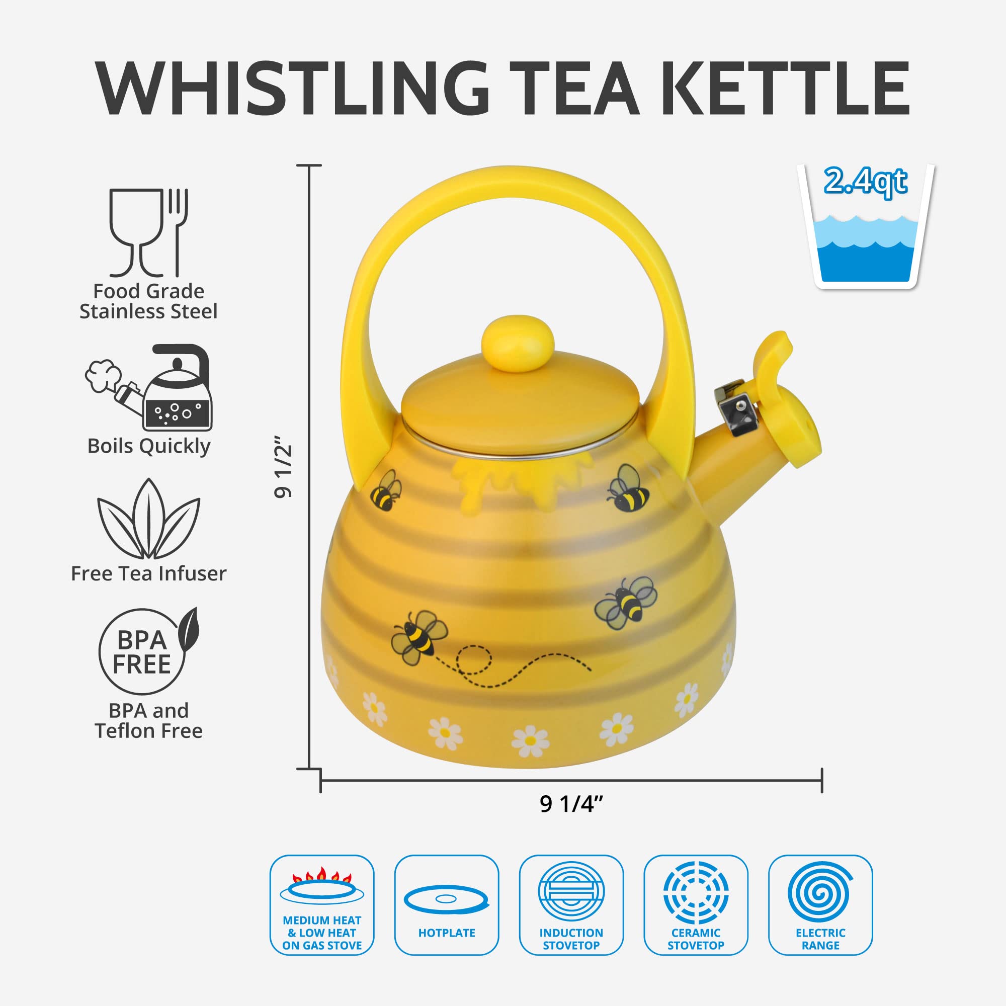 Upware Enamel On Steel Whistling Tea Kettle, Stovetop Teakettle (2.4 Quart, Bee Hive)