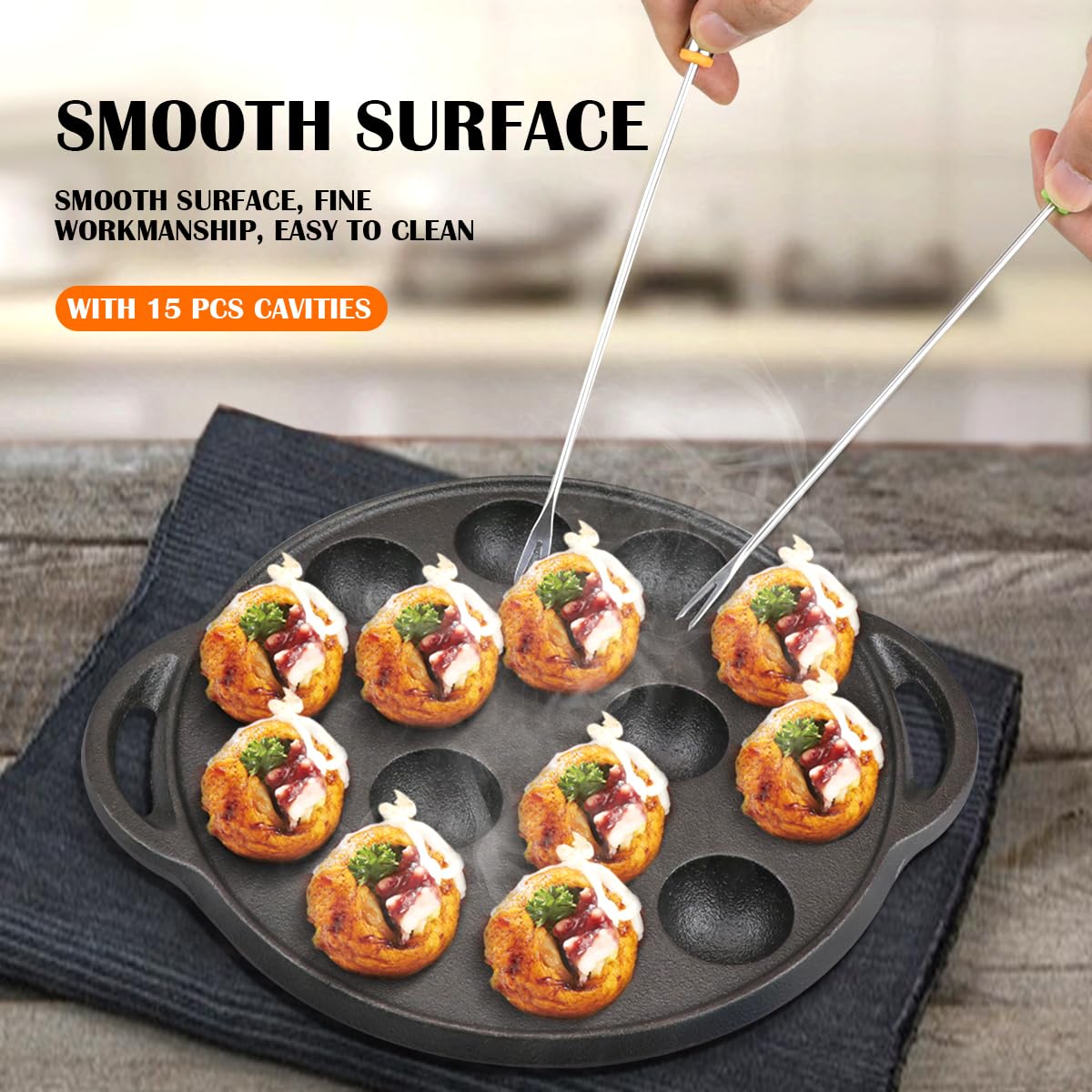 Escargot Dish Cast Iron Takoyaki Mushroom Plate With 15 Compartment Holes, Octopus Ball Maker With Forks And Brush For Snails, B