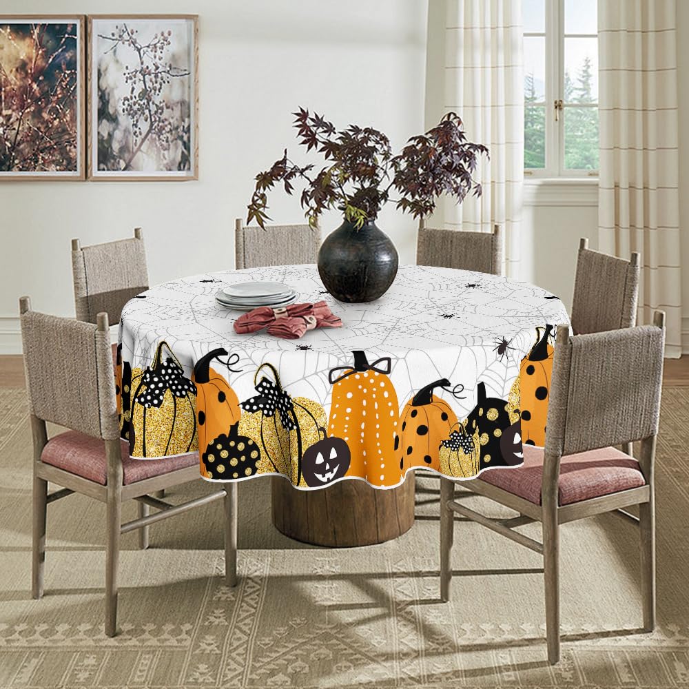 Horaldaily Halloween Tablecloth 70X70 Inch Round, Jack-O-Lantern Pumpkin Cobweb Scary Themed Washable Table Cover For Party Picn