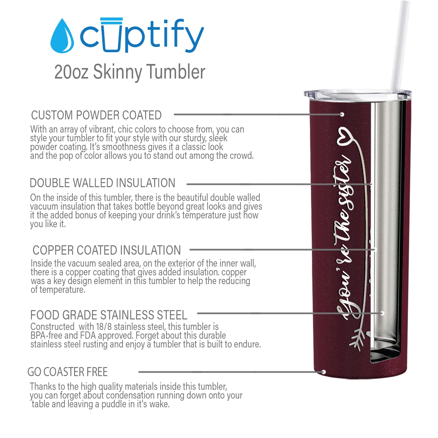 You'Re The Sister I Got To Choose Skinny Tumbler With Lid And Straw On Maroon Glitter 20 Oz Insulated Stainless Steel Gift Birth