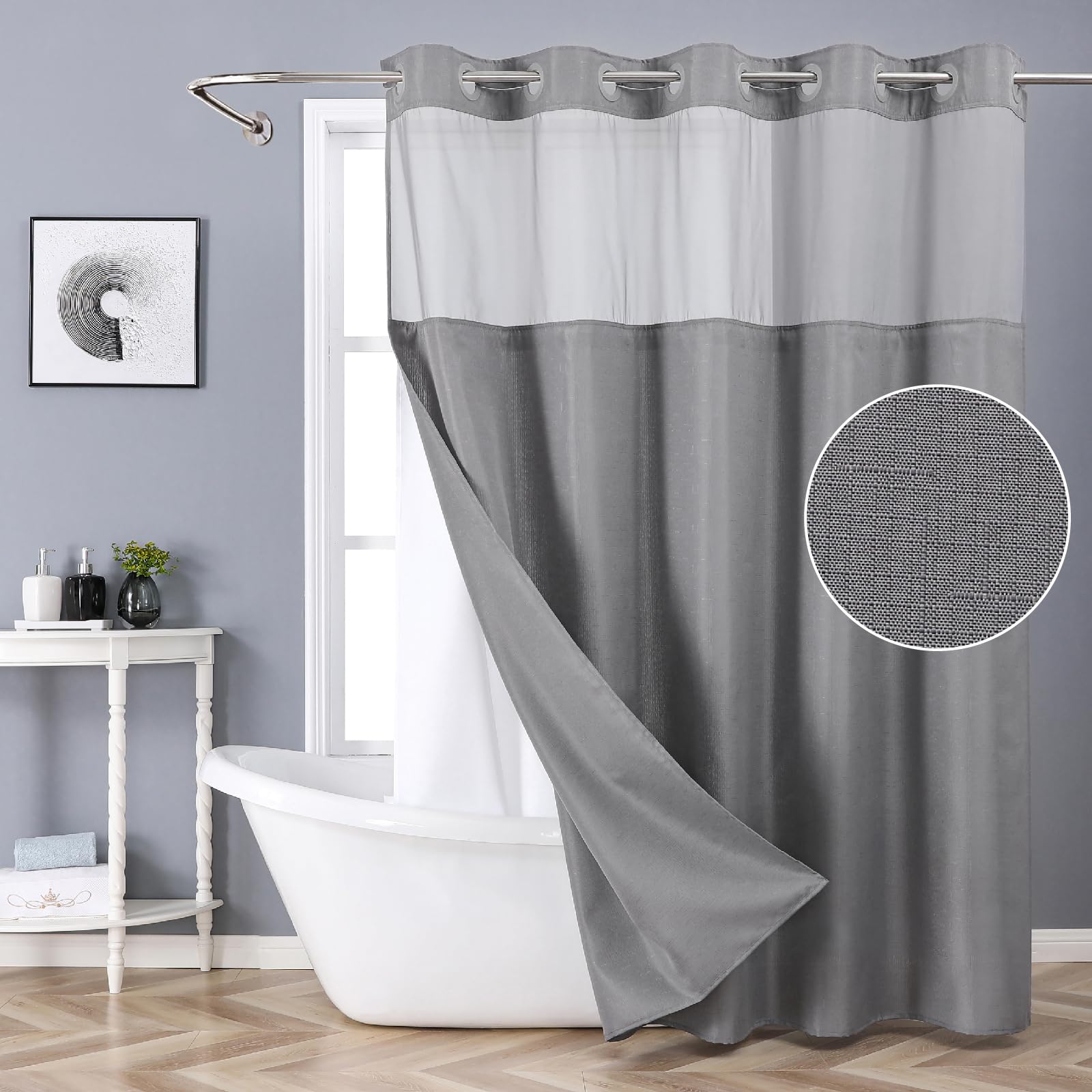 Eachope Grey No Hook Shower Curtain With Snap-In Fabric Liner Set,Slub Textured Fabric Shower Curtains For Bathroom,Hotel Style