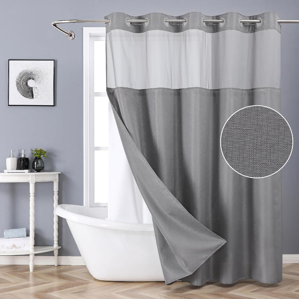 Eachope Grey Long No Hook Shower Curtain With Snap-In Fabric Liner Set,Slub Textured Fabric Shower Curtains For Bathroom,Hotel S