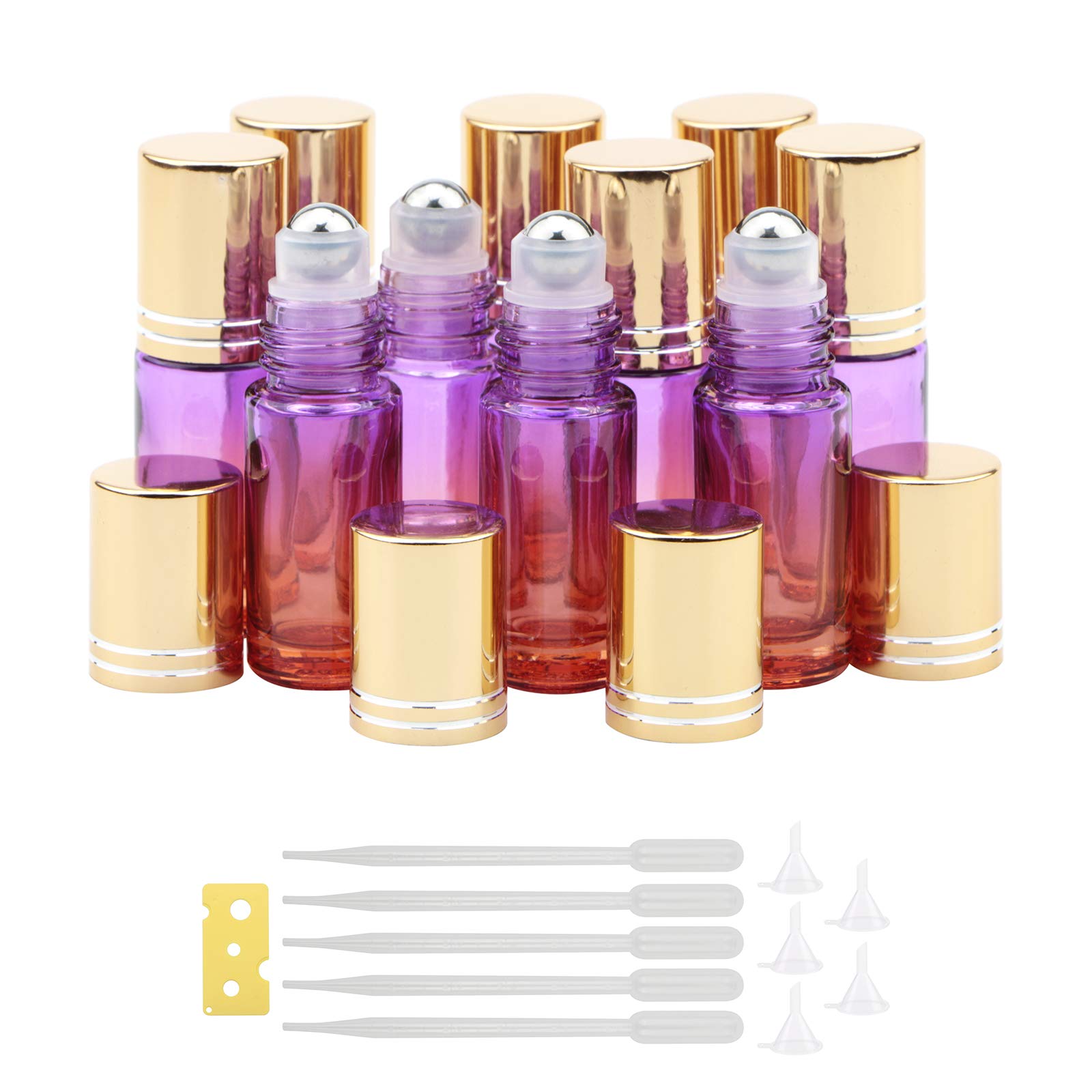 Jiuwu Refillable Essential Oil Roller Bottles Set - 10 Glass Roll-On Bottles For Oils With Stainless Steel Roller Balls, Gold Ca