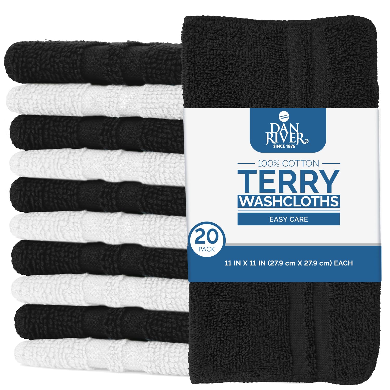 Dan River 100% Cotton Washcloths 20 Pack Premium Quality Face And Body Cloth, Quick Dry Essential Towels For Bathroom, Hand, Kit