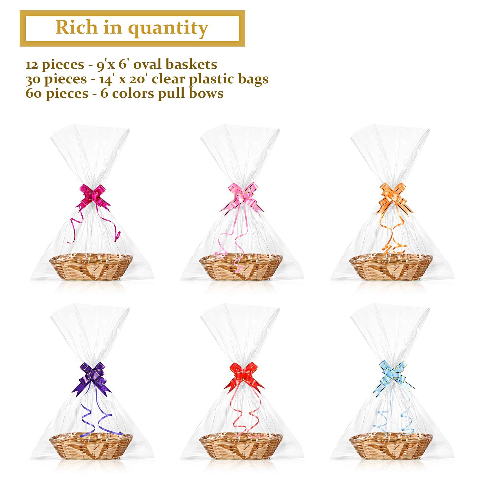 12 Pieces Oval Basket Food Storage Basket Woven Empty Basket Fruit Basket Gift Baskets With 60 Colorful Pull Bows And 30 Clear G