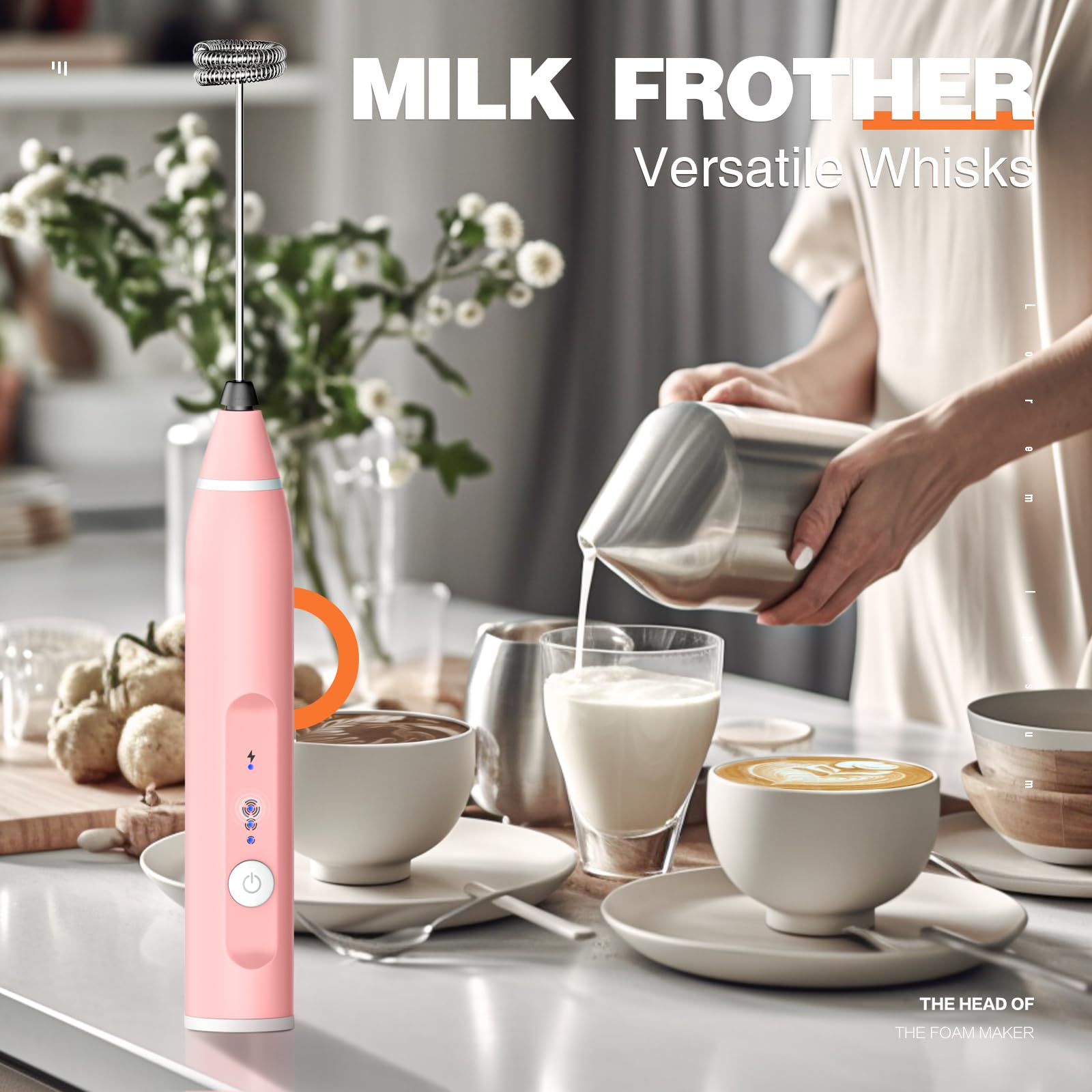 Milk Frother Rechargeable Handheld Electric Whisk Coffee Frother Mixer with 3 Stainless whisks 3 Speed Adjustable Foam Maker Blender for Coffee Matcha Latte Cappuccino Hot Chocolate(Classic Pink)