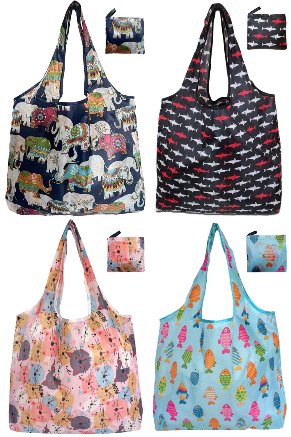 Noilk Reusable Grocery bags, 4 Pack - Lightweight And Compact, Grocery Totes Animal Printed, Machine Washable And Durable, Ideal