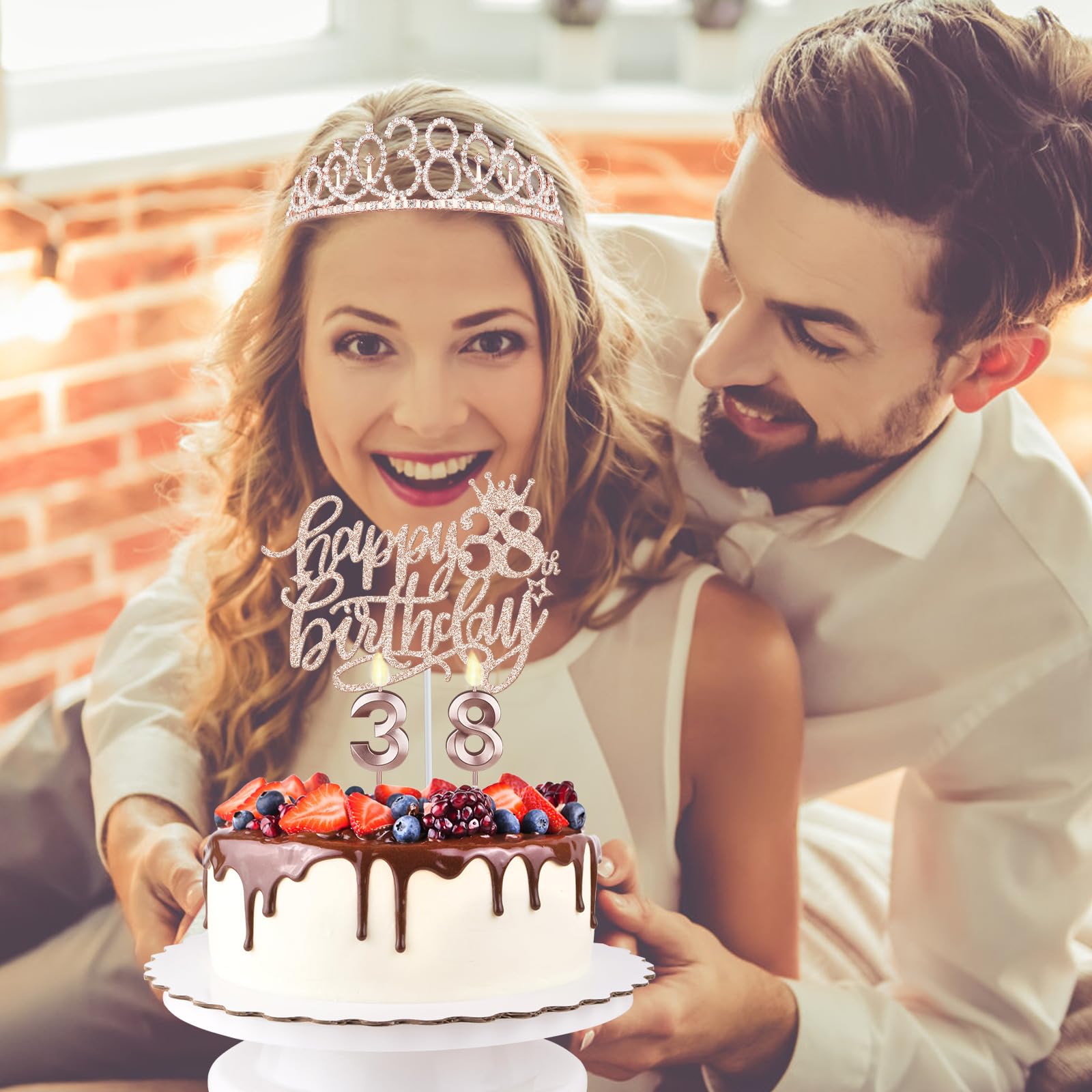 38Th Birthday Decorations For Women Including 38Th Birthday Sash, Tiara/Crown, Numeral 38 Candles And Cake Topper, Rose Gold 38T