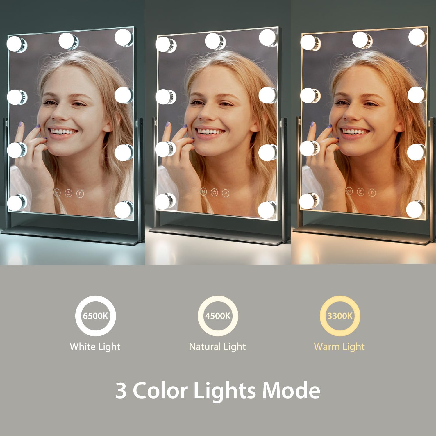 Nezzoe Vanity Mirror With Lights, Lighted Makeup Mirror With 9 Dimmable Bulbs, 3 Color Lighting Modes, Detachable 5X Magnificati