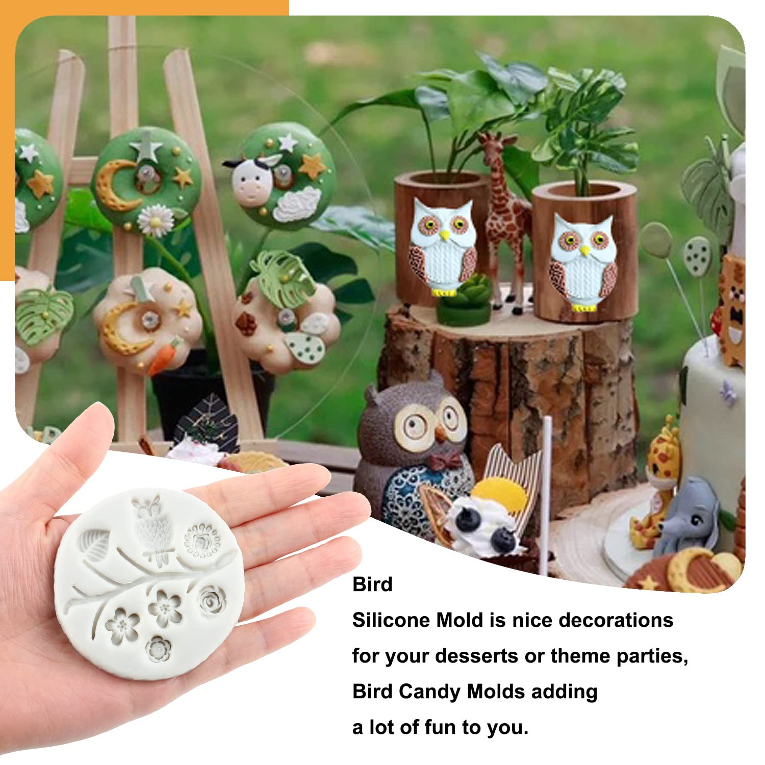 Sijiangmold Bird Silicone Molds Owls Tree Branch Fondant Mold Flower Leaves Silicone Molds For Cake Decorating Candy Chocolate G