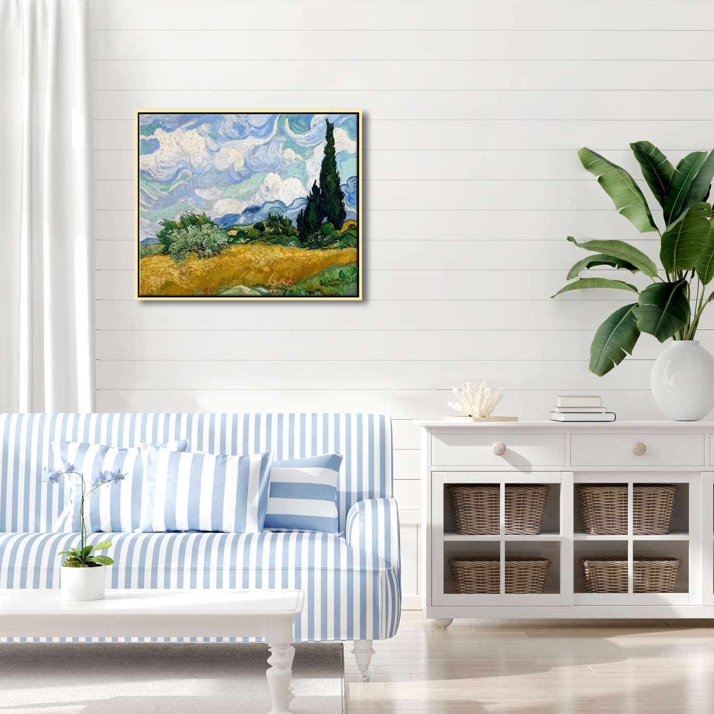 Wieco Art Framed Canvas Art Wheat Field With Cypresses By Van Gogh Impressionist Landscape Oil Paintings Canvas Prints Artwork W