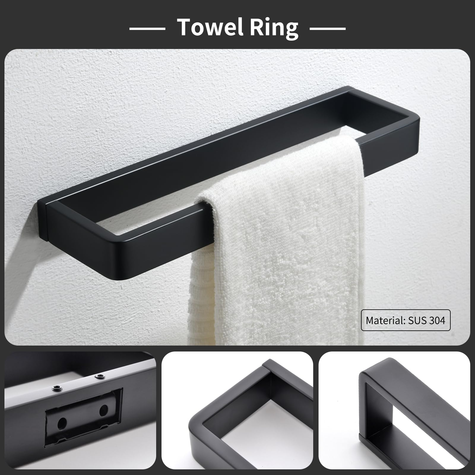 Yacvcl 4-Piece Matte Black Bathroom Hardware Accessories Set, Bath Towel Bar Set Sus304 Stainless Steel, Round Towel Racks For B