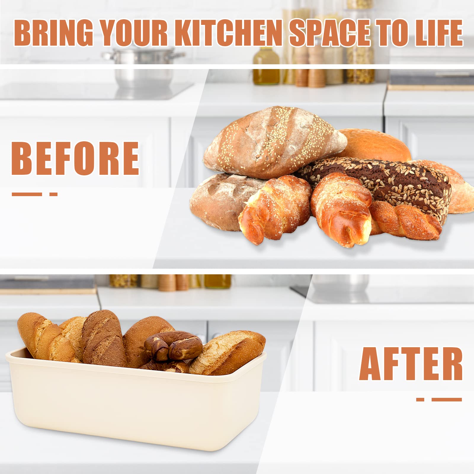 Triiter Bread Box With Bamboo Wood Cutting Board Lid & Bread Slicer Holder, Rectangular Cream Color Bread Container For Kitchen