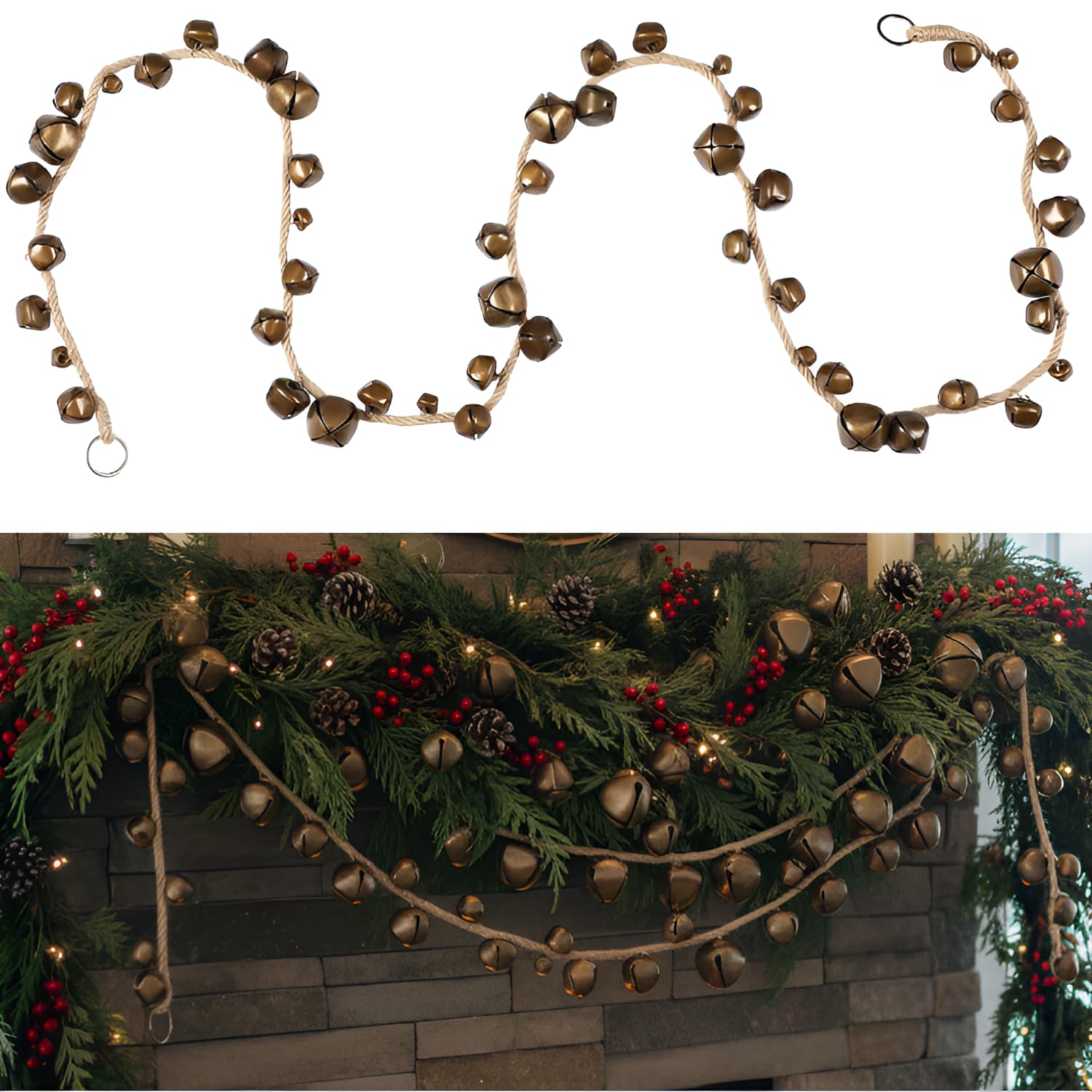 Yinder 6 ft Vintage Christmas Bell Garland for Tree Hanging Jingle Bell Garland on String Christmas Mantel Stairs Decoration for