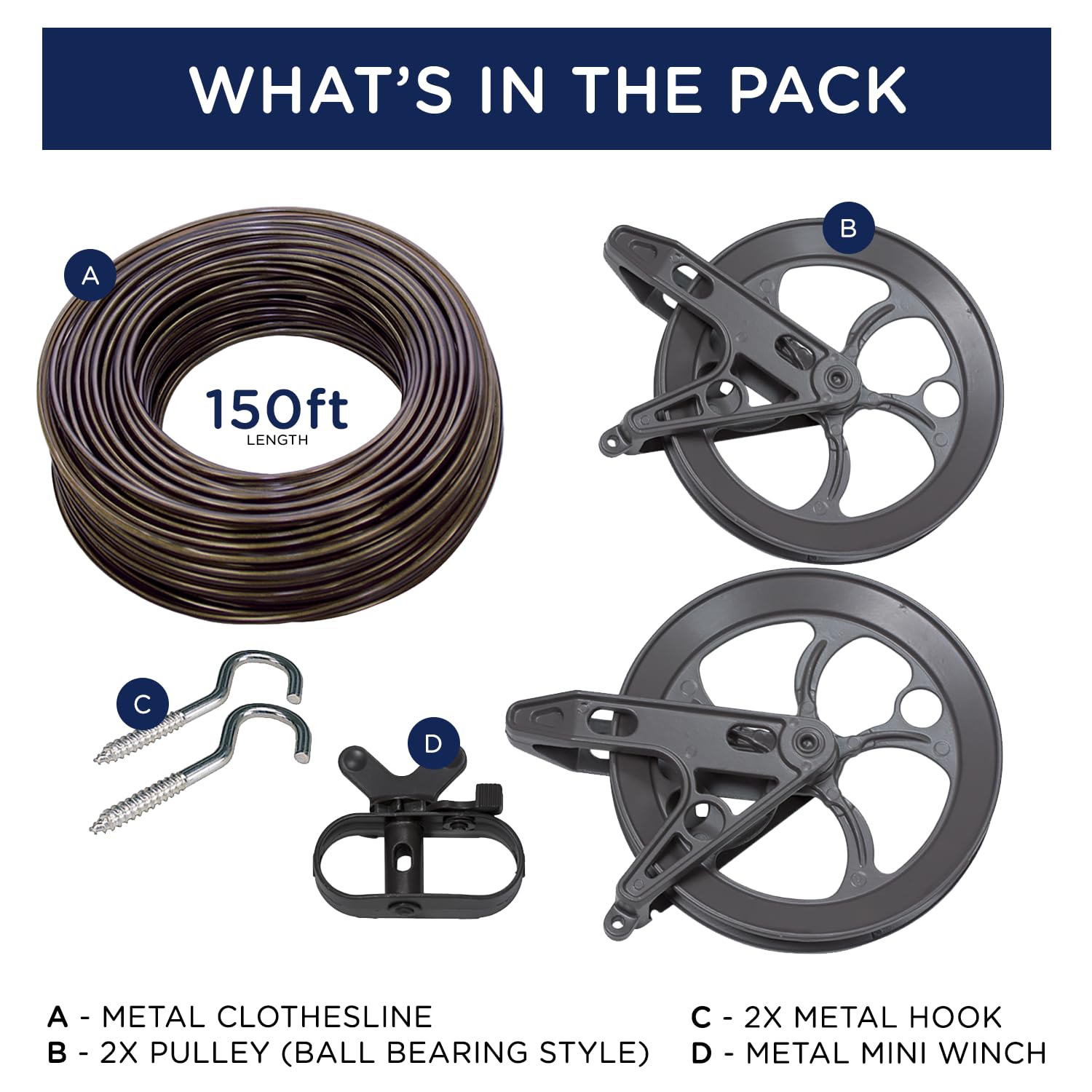 Strata Urban Grey Harmony Clothesline Outdoor Heavy Duty Kit - 150 Feet Galvanized Wire Pvc Coating, 6.5'' Clothesline Pulley 2P