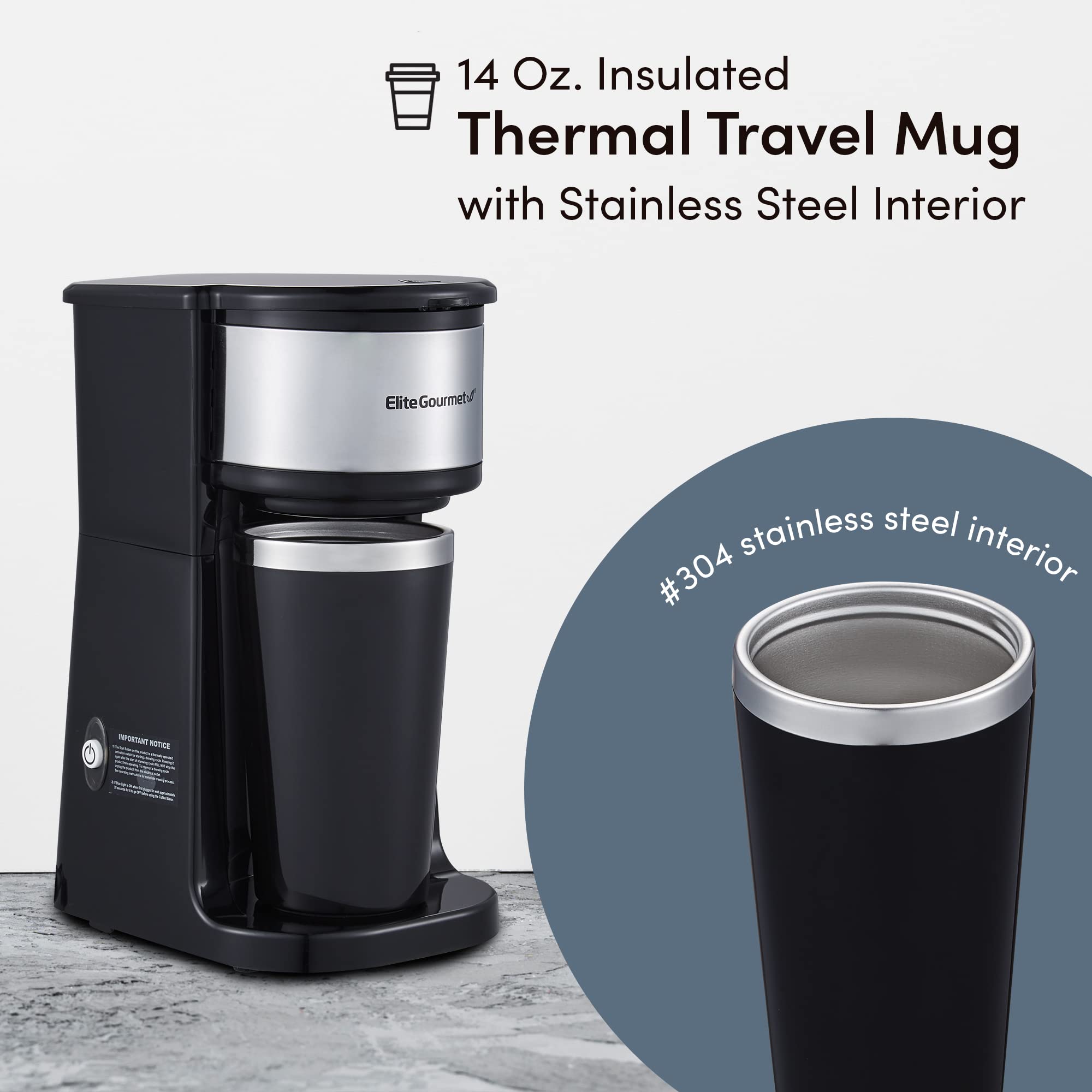 Elite Gourmet Ehc112 Personal Single-Serve Compact Coffee Maker Brewer Includes 14Oz. Thermal Travel Mug With Stainless Steel In