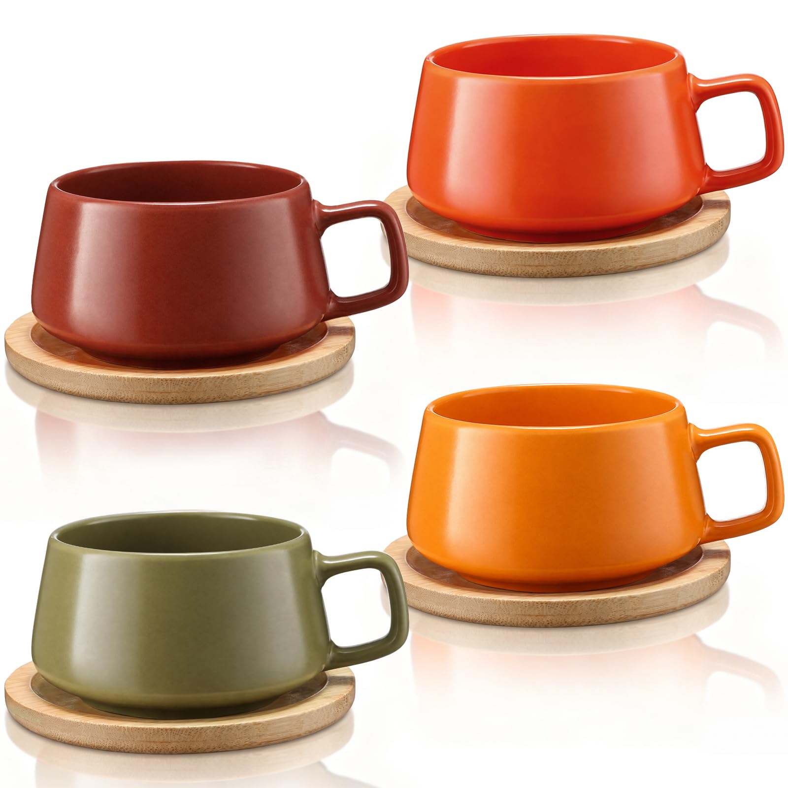 Rtteri 4 Pack 11 oz Fall Ceramic Coffee Cups Set with Saucer Bamboo Coasters, Autumn Tea Mug, Wide Cappuccino Latte Mugs with Ha