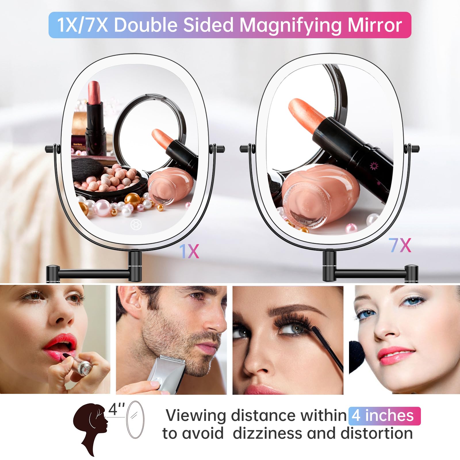 Funtouch Rechargeable Wall Mounted Lighted Makeup Vanity Mirror, Double Sided 1X/7X Magnification, 3 Dimmable Light Settings, Ex