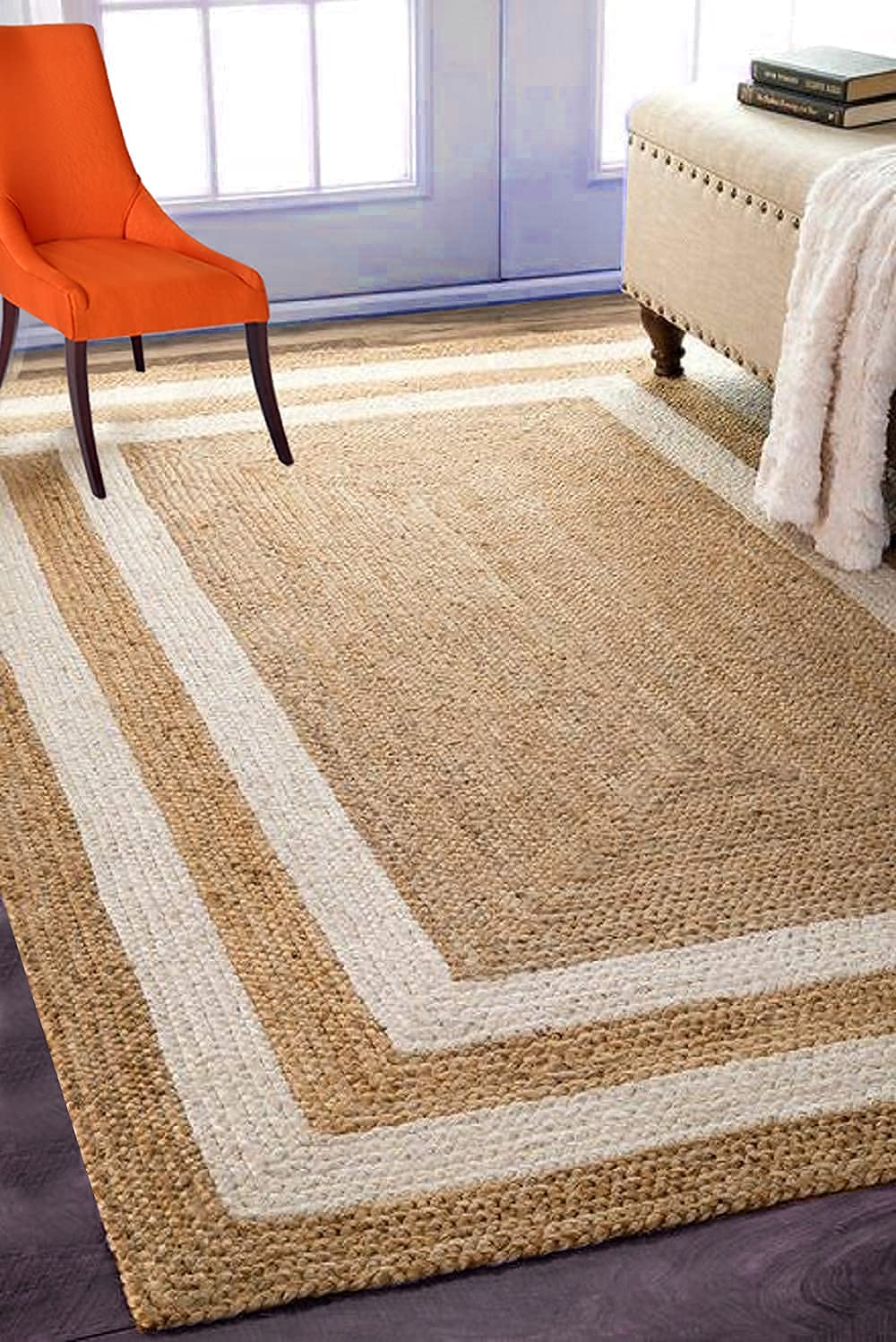 Homeable Handmade Natural Jute Cotton Fibers Floor/Door Mat Rug Rectangular Striped Design Carpet For Living Room| Bed Room| (Na
