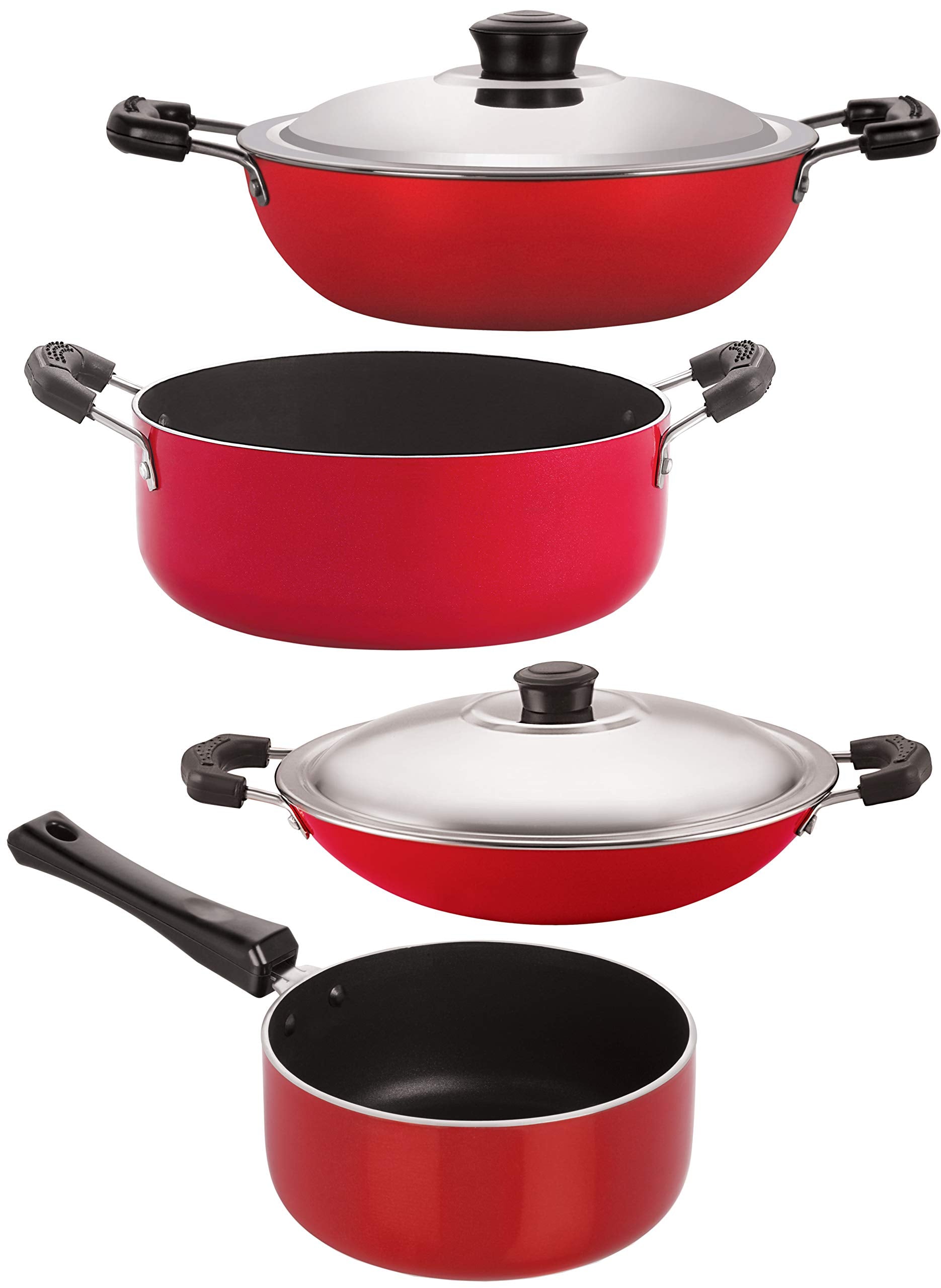 Nirlon Odor Free 3 Layer Non Stick Coating Cookware Gift Item Set Of 4Pcs With Bakelite Handle (Dkd(B)_Sp(B)_Ac_Cs24) Red And Bl