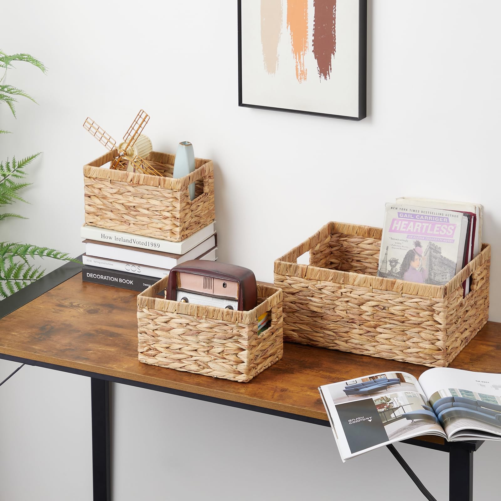 Vagusicc Wicker Basket, Set Of 3 Hand-Woven Storage Baskets For Organizing, Water Hyacinth Wicker Storage Basket Bins With Handl