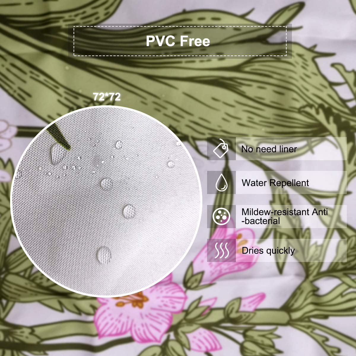 Riyidecor Thicken Heavy Duty Fabric Floral Shower Curtain for Bathroom Decor 72Wx72H Inch Wildflower Green Leaves Botanical Decorative Bath Set Plants Bathroom Accessories Waterproof 12 Pack Hooks