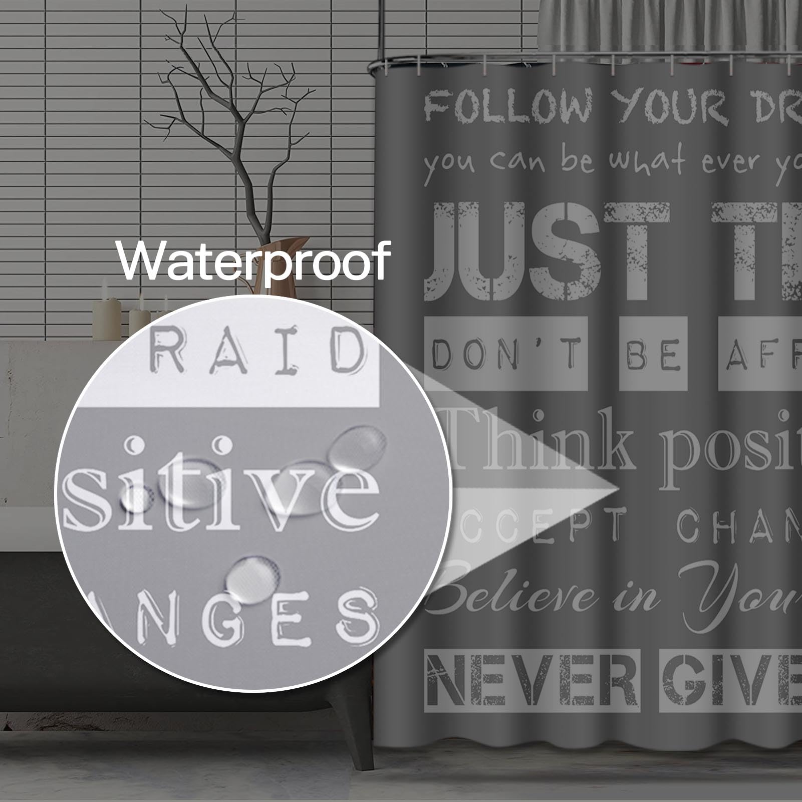 Emvency Grey And White Positive Shower Curtain Inspirational Motivational Teen Follow Your Dreams Just Try Never Give Up Kids Bo
