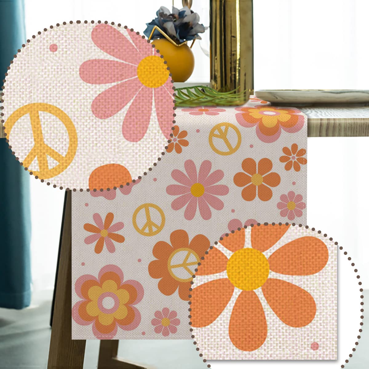 Vohado Groovy Table Runner Daisy Retro Hippie Boho Rainbow Party Decorations Spring Summer Kichen Dining Home Decor