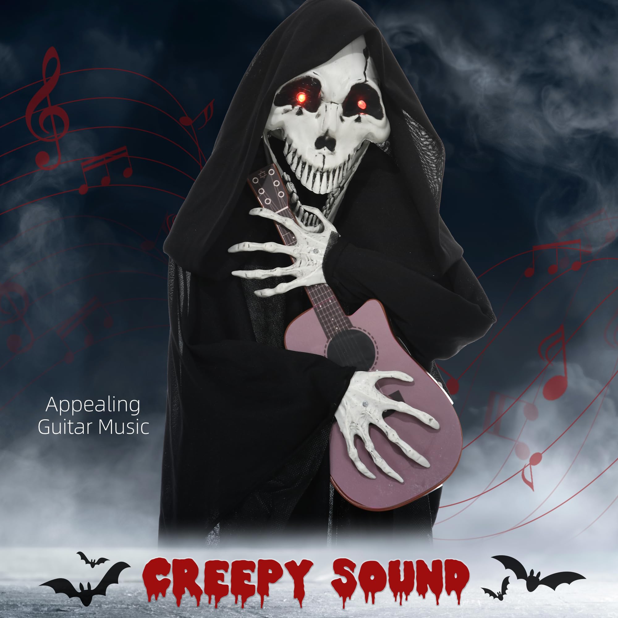 HOMCOM 4.3  Outdoor Halloween Decoration Animatronic Guitar-Playing Grim Reaper, Sound and Motion Activated Animated Prop with L