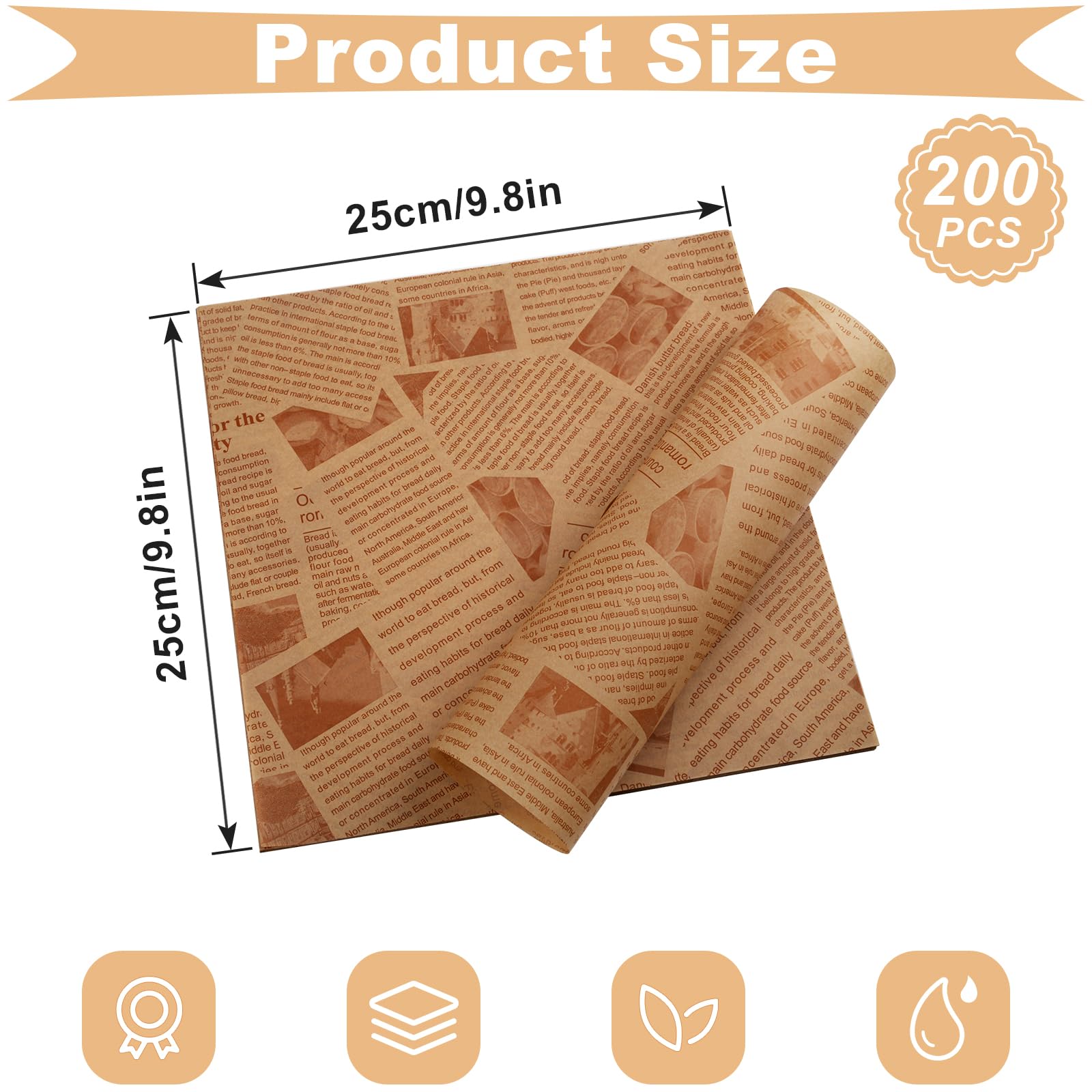 200 Pcs Deli Wax Paper Sheets For Food Basket Liners 10 X 10 Inch Old Newspaper Style Printed Greaseproof Deli Paper For Wrappin