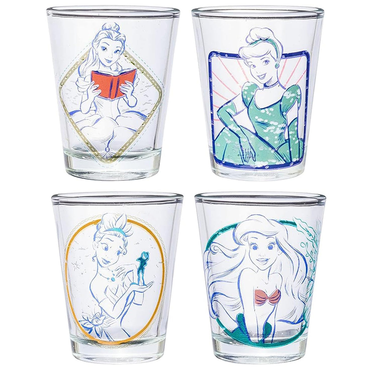 Silver Buffalo Disney Princess In Frames Featuring Belle, Cinderella, Ariel, And Tiana 4 Pack Mini Glasses, 1.5 Ounces