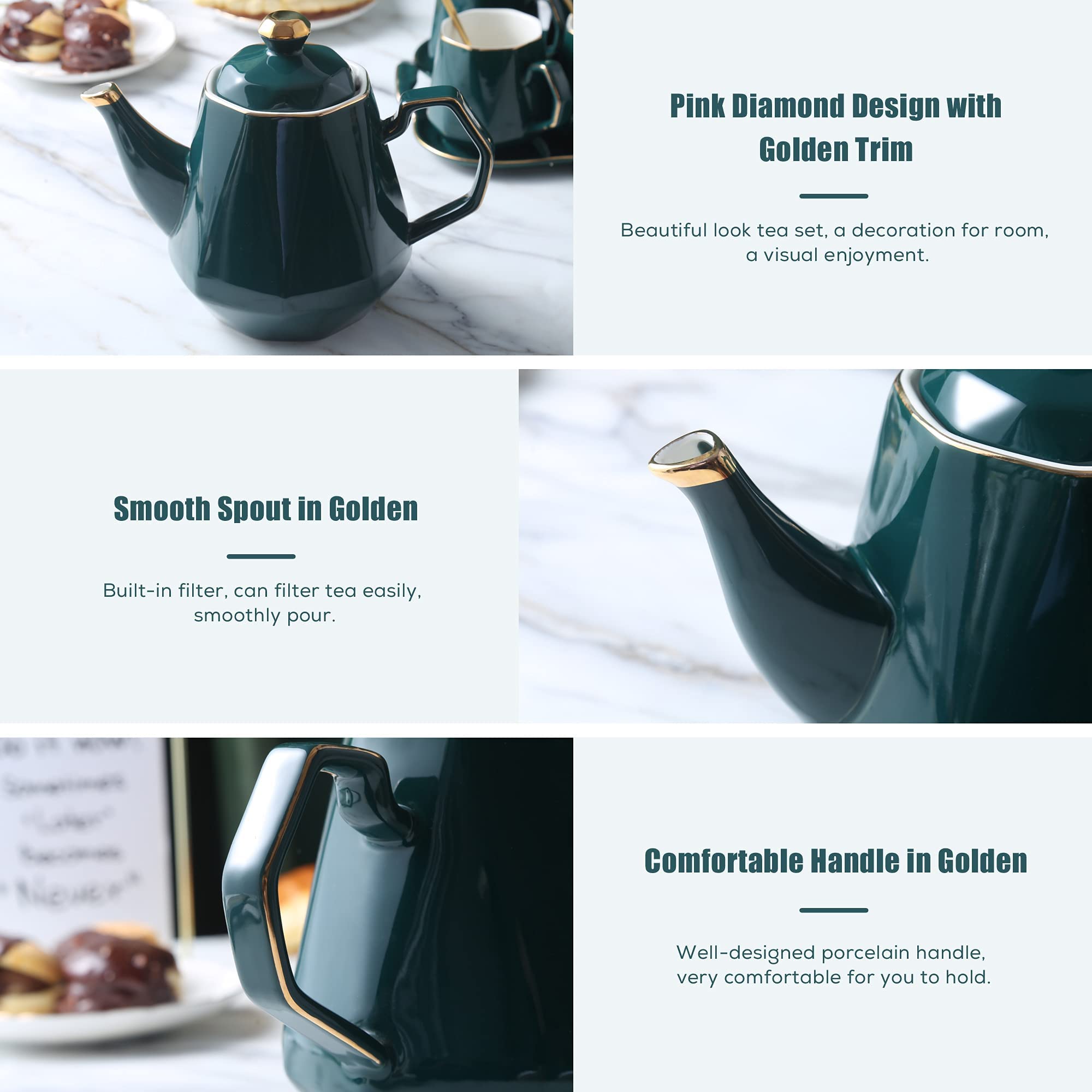 Dujust 14 Pcs Tea Set Of 6 With Tea Tray & Spoons, Modern Diamond Design Tea/Coffee Cup Set With Golden Trim, Chic Porcelain Liv