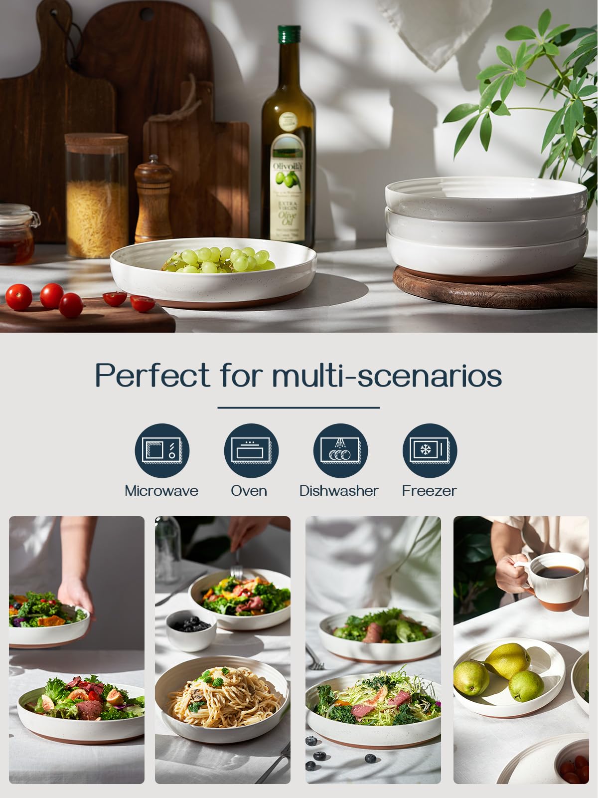 Dowan 9.75'' Pasta Bowls, 45 Oz Large Salad Bowls Alabaster White Serving Bowls For Dinner Wide And Shallow Bowls Set Of 4 Dishw