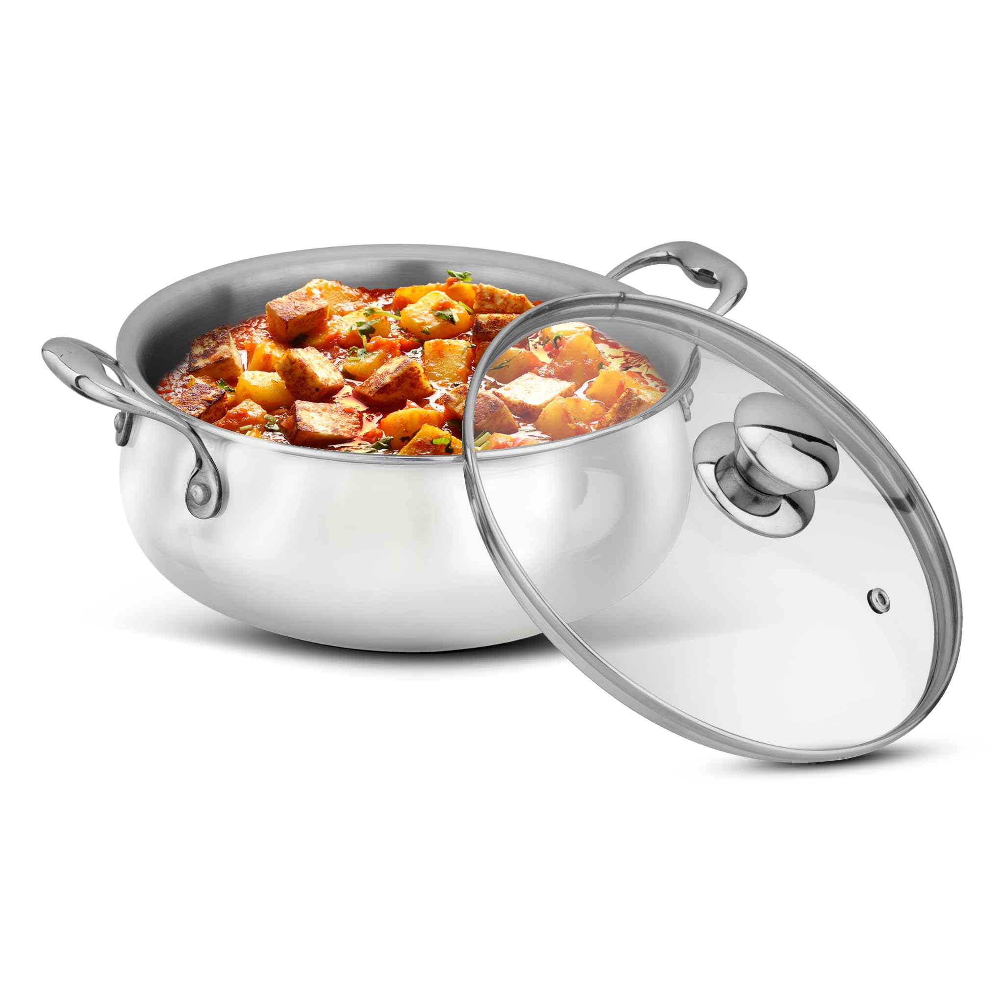Agaro Regency Triply Stainless Steel Saucepot 2 Liter With Glass Lid, 2.5 Mm Thick Body, Induction & Gas Compatible, Rivetted Ha