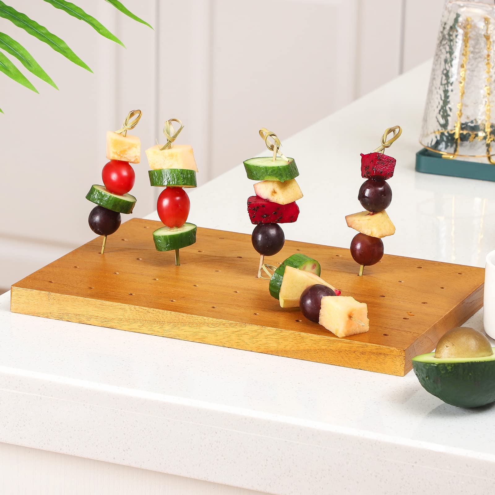Blulu Wooden Food Skewer Holder Pick Stand Food Display Skewer Holder Catering Appetizer Fruit Skewer Stand Food Display Rectang