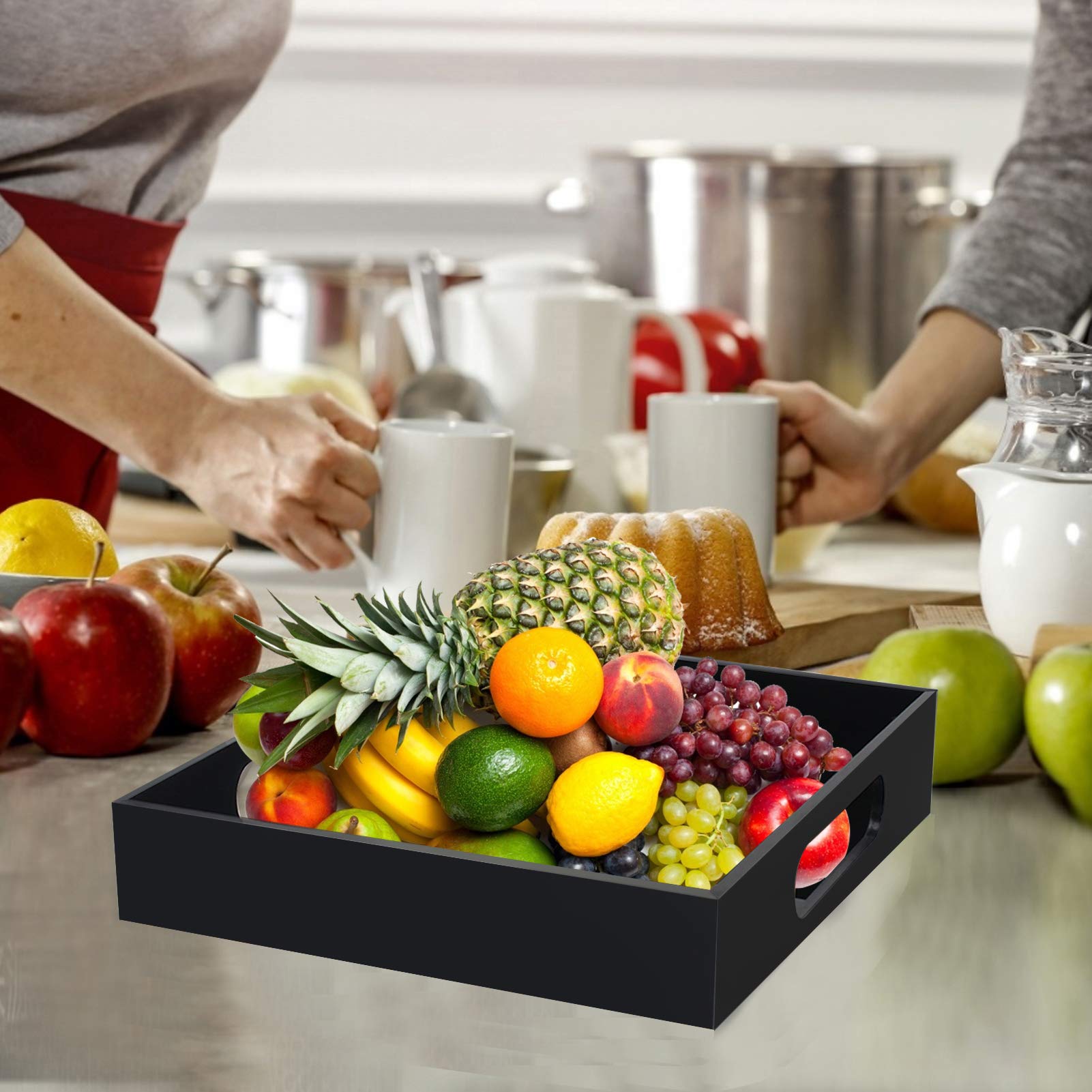Tasybox Acrylic Serving Tray, Black Decorative Serving Trays With Handles For Kitchen Dining Room Table Ottoman Vanity Counterto